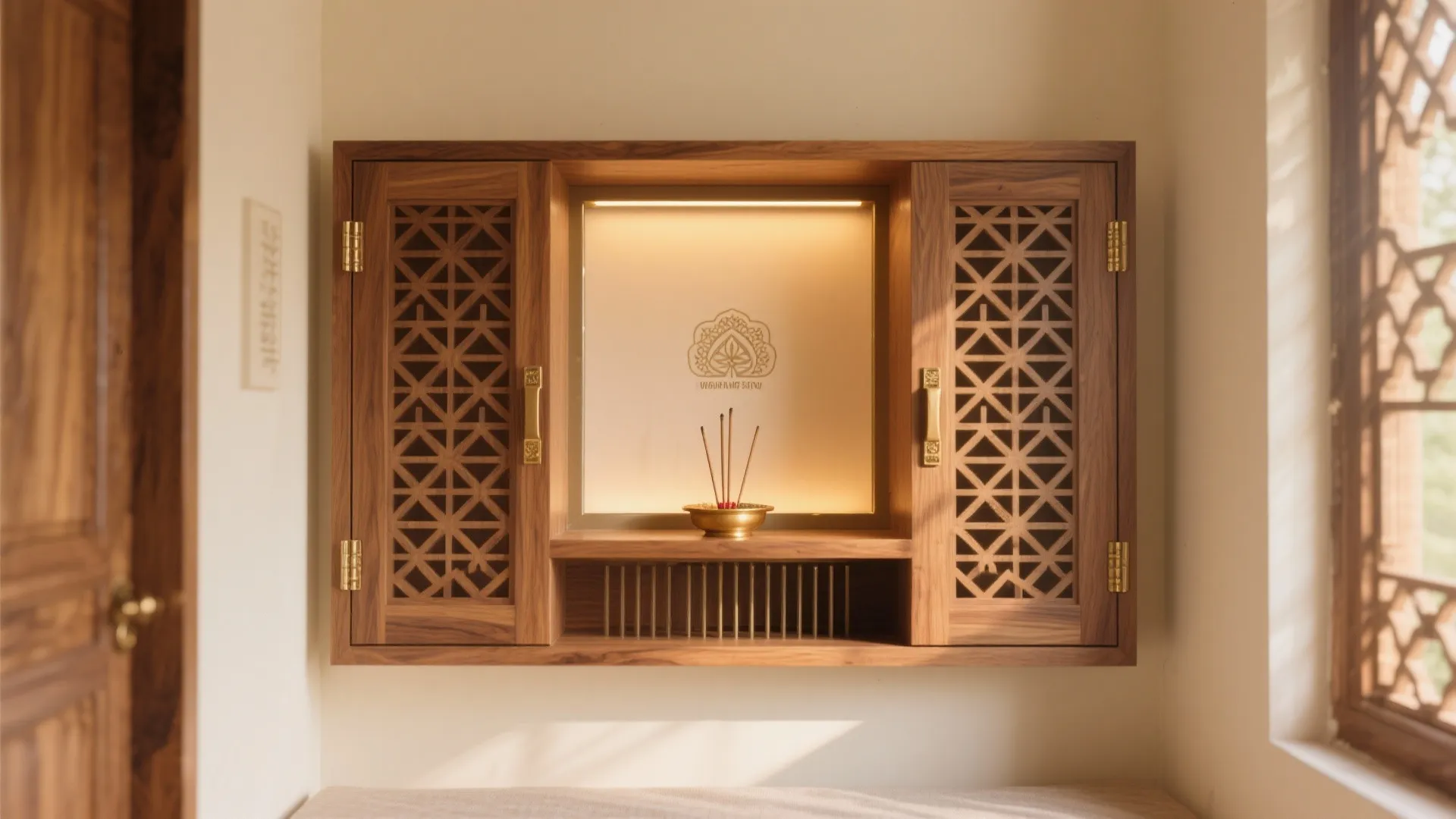 Wooden wall cabinet with carved doors and warm light showing incense sticks in a bowl