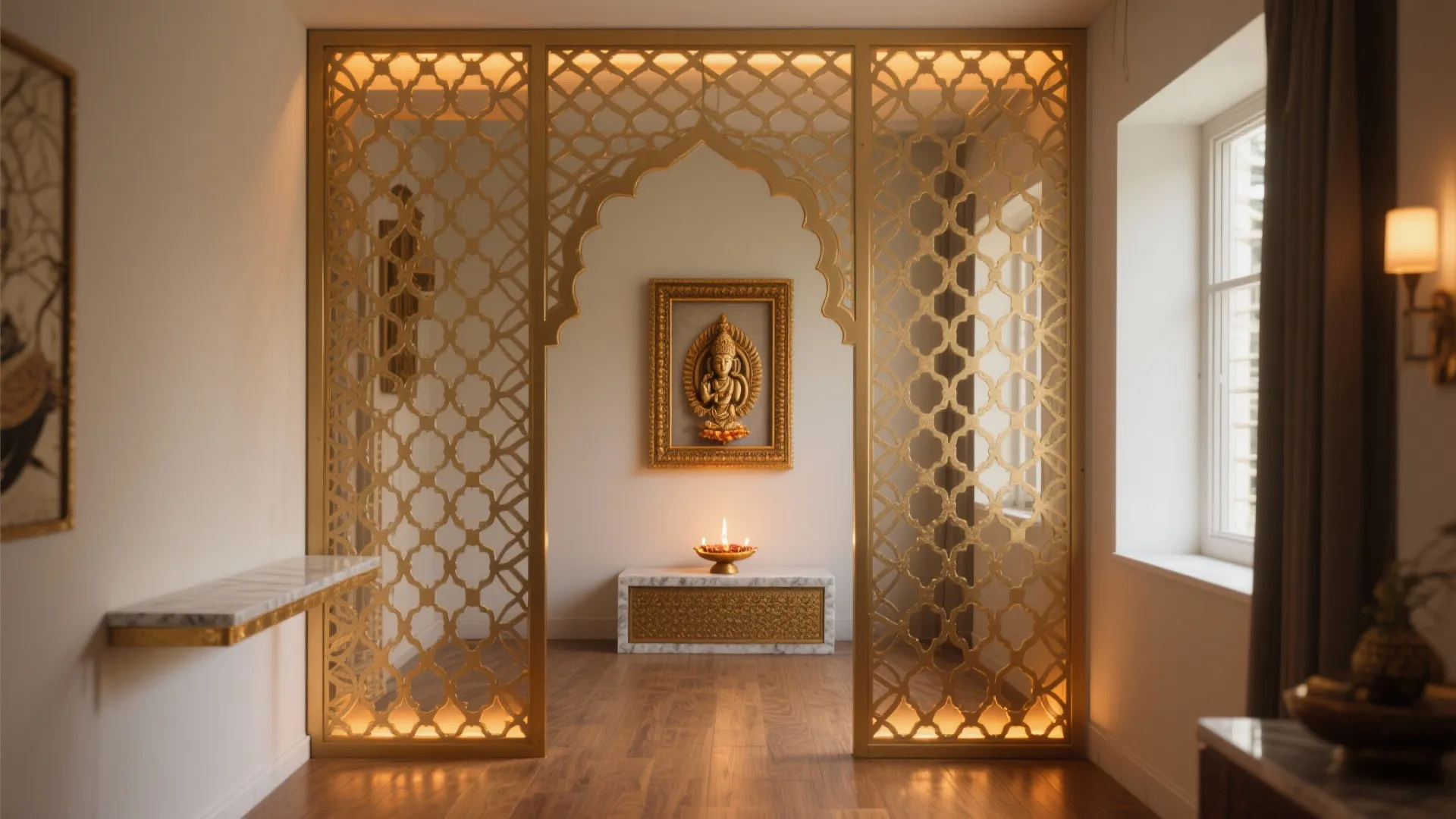 Perforated jaali screen with warm LED backlight separates a small pooja corner while letting light and air pass.