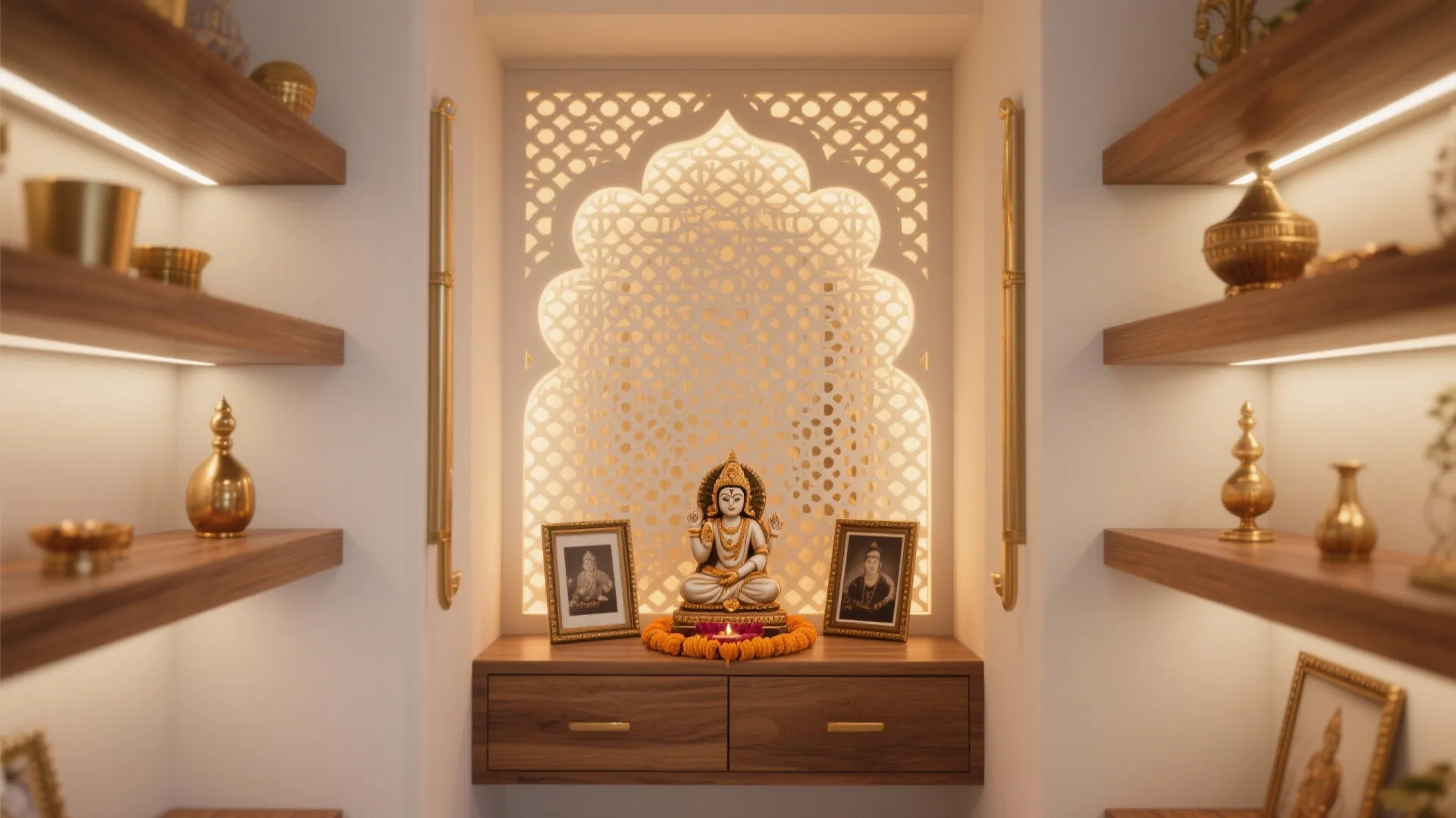 Home shrine with backlit wall panel floating wood cabinet small statue and lighted display shelves