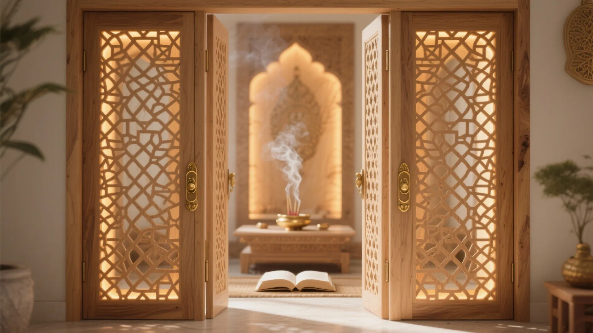 View through open carved wood doors into a prayer room with burning incense and warm light