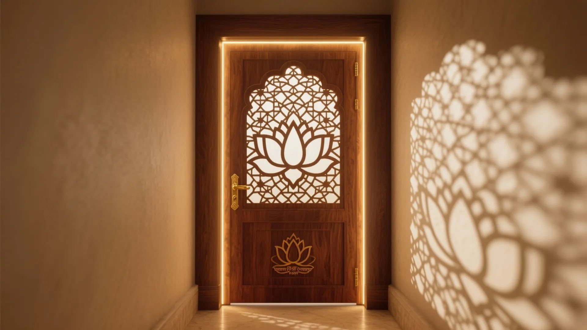Backlit wooden door with a lotus flower pattern casting decorative shadows on a hallway wall