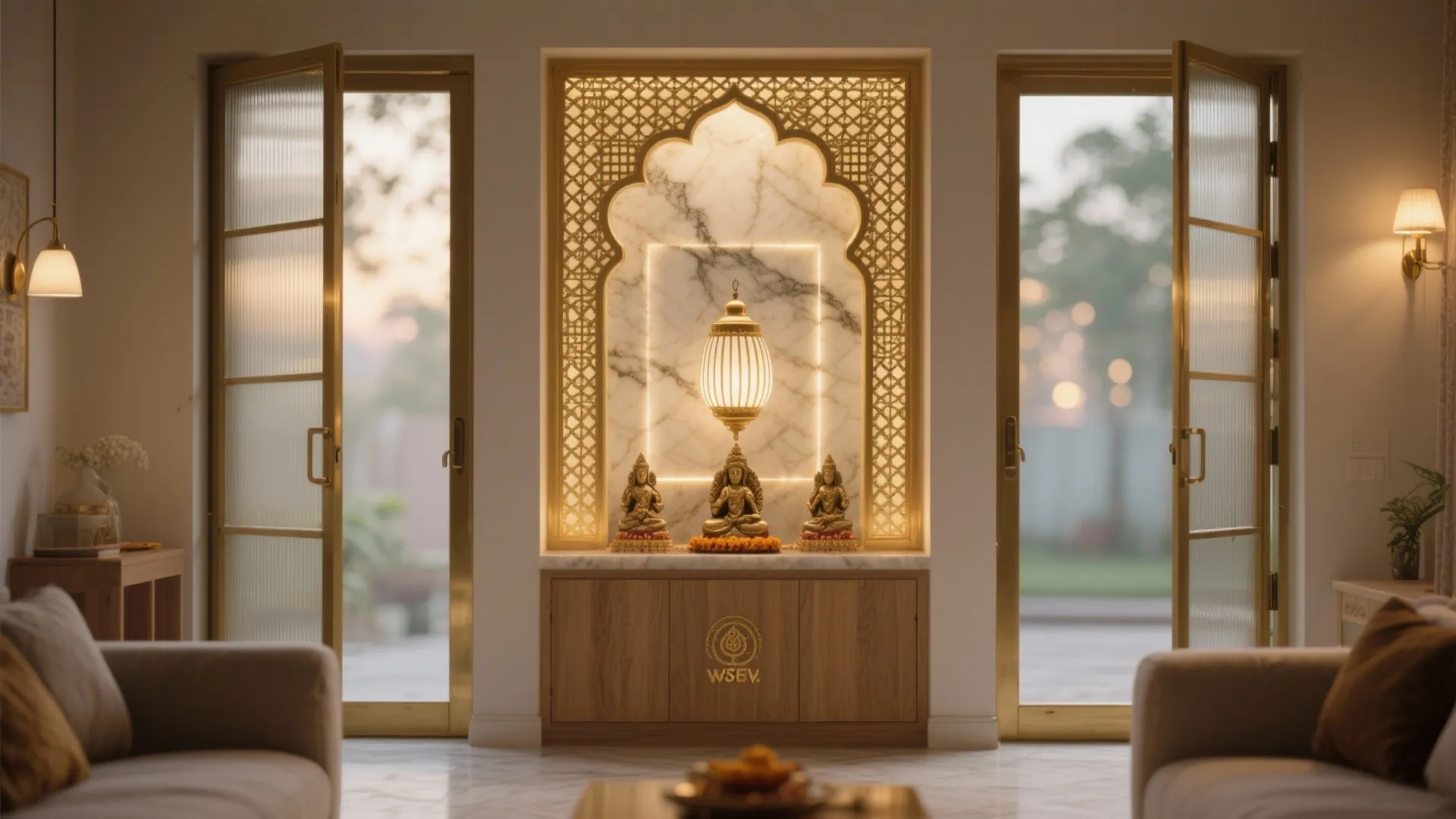 Translucent jaali and backlit glass for a gentle glow