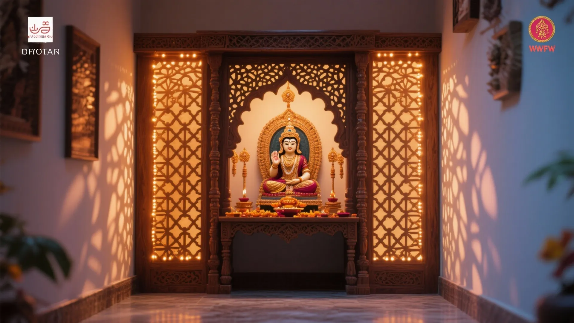 Traditional wooden prayer area with golden statue, patterned wall panels, warm lights, and marble floor