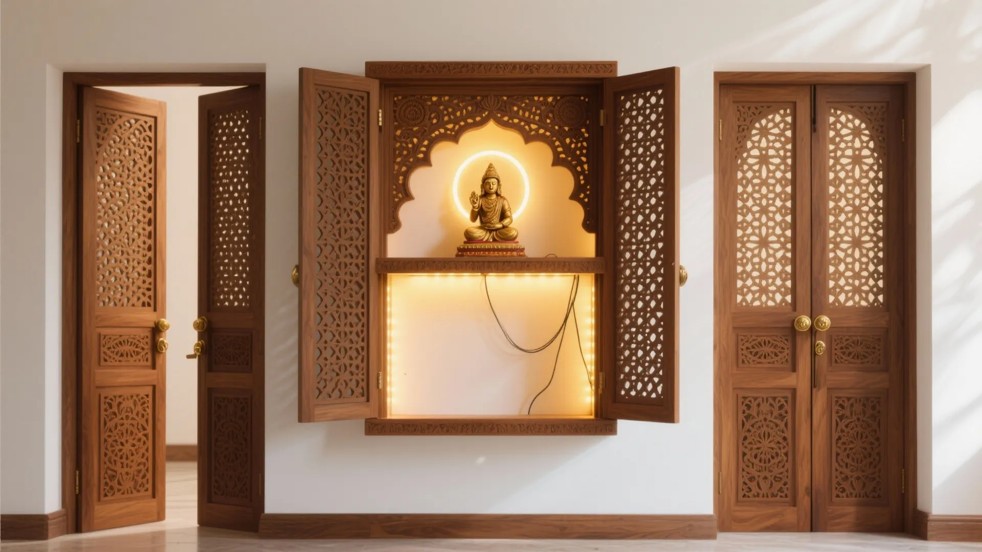 Ornate wooden doors with patterns surrounding a backlit wall cabinet holding a small gold statue