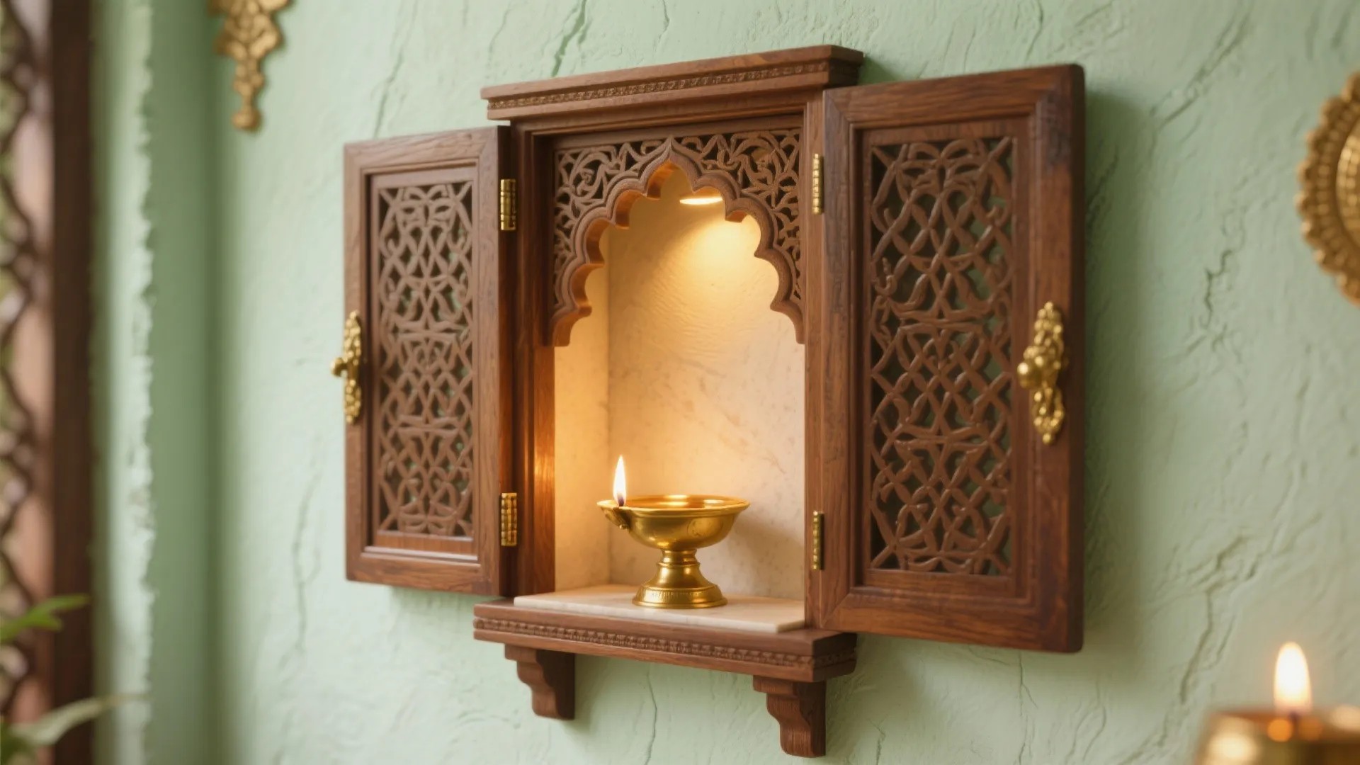 Backlit Jaali Doors and Oil-Lamp Niches for a Serene Glow