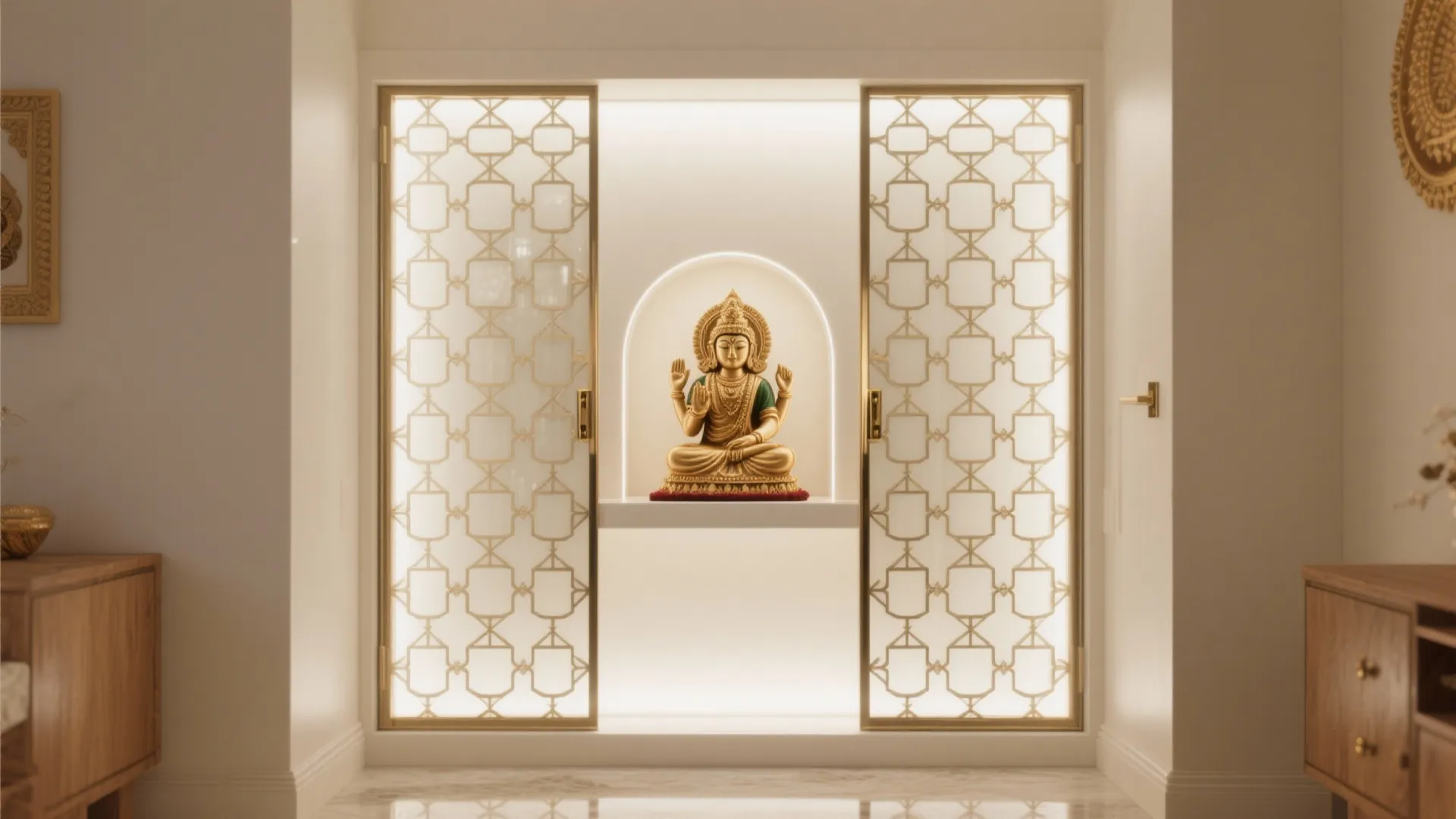 Elegant prayer area featuring a gold statue white wall niche patterned glass doors and cabinet