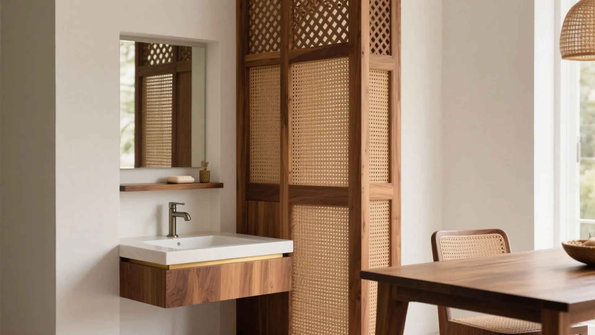 Small bathroom sink area featuring a wood cabinet next to a tall decorative wooden room divider