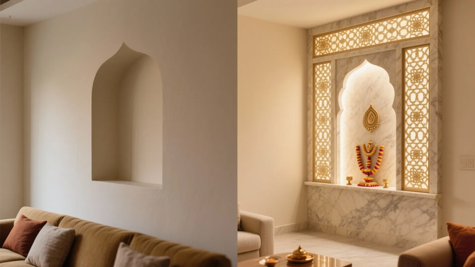 Before and after comparison of a simple wall niche versus a marble prayer room design