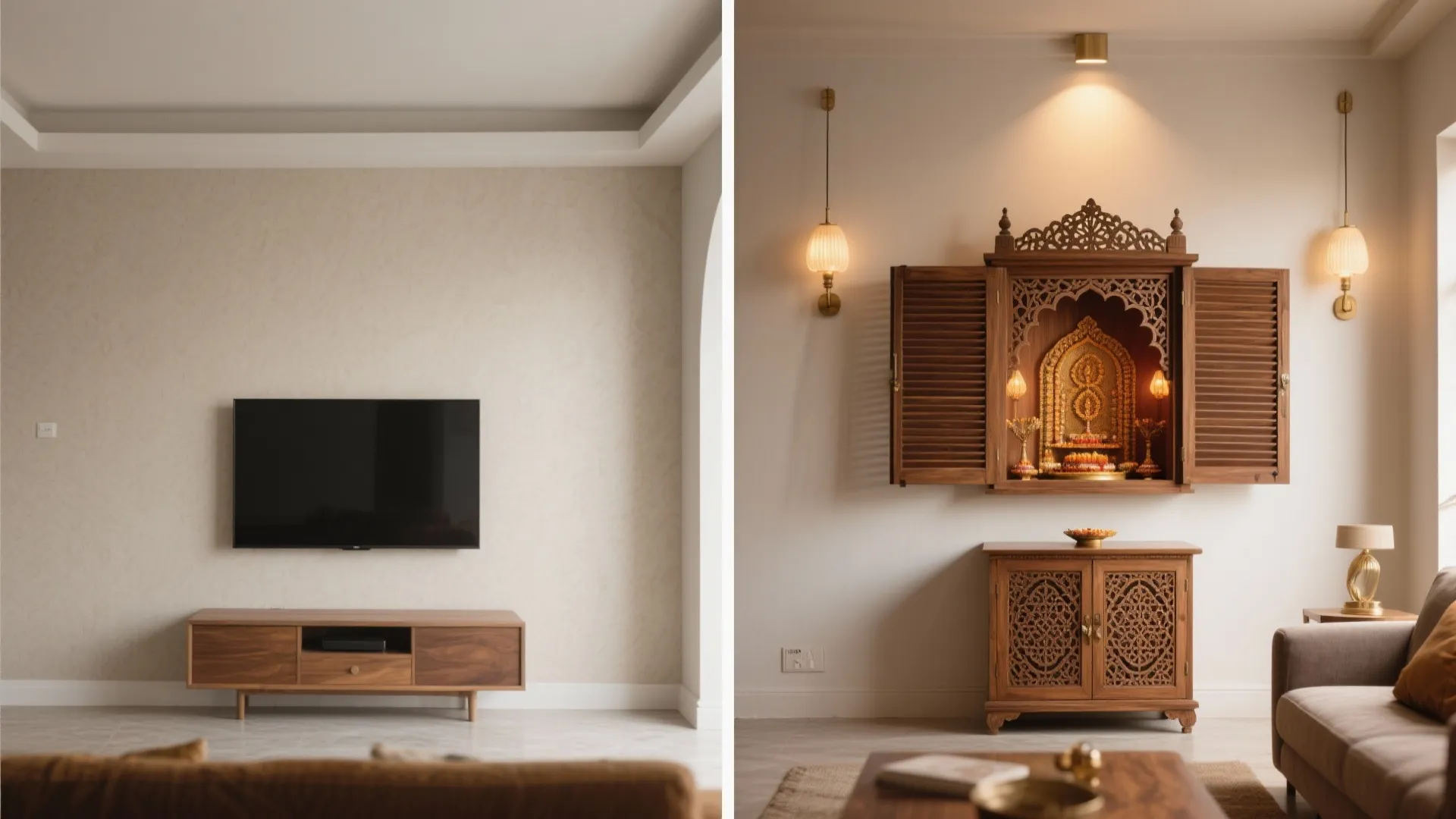 Before and after comparison of a simple wall versus a decorated area with wooden cabinet