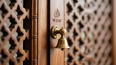 Artisanal Wooden Door with Brass Bell & Lattice Design