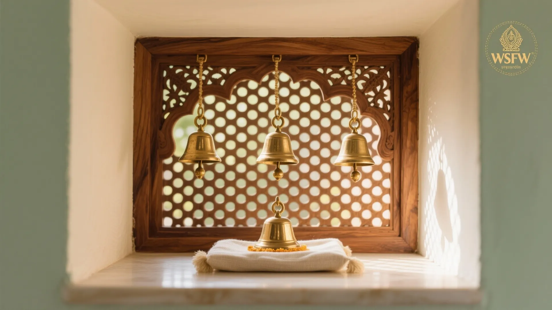 Minimal bell cluster on a carved jaali panel