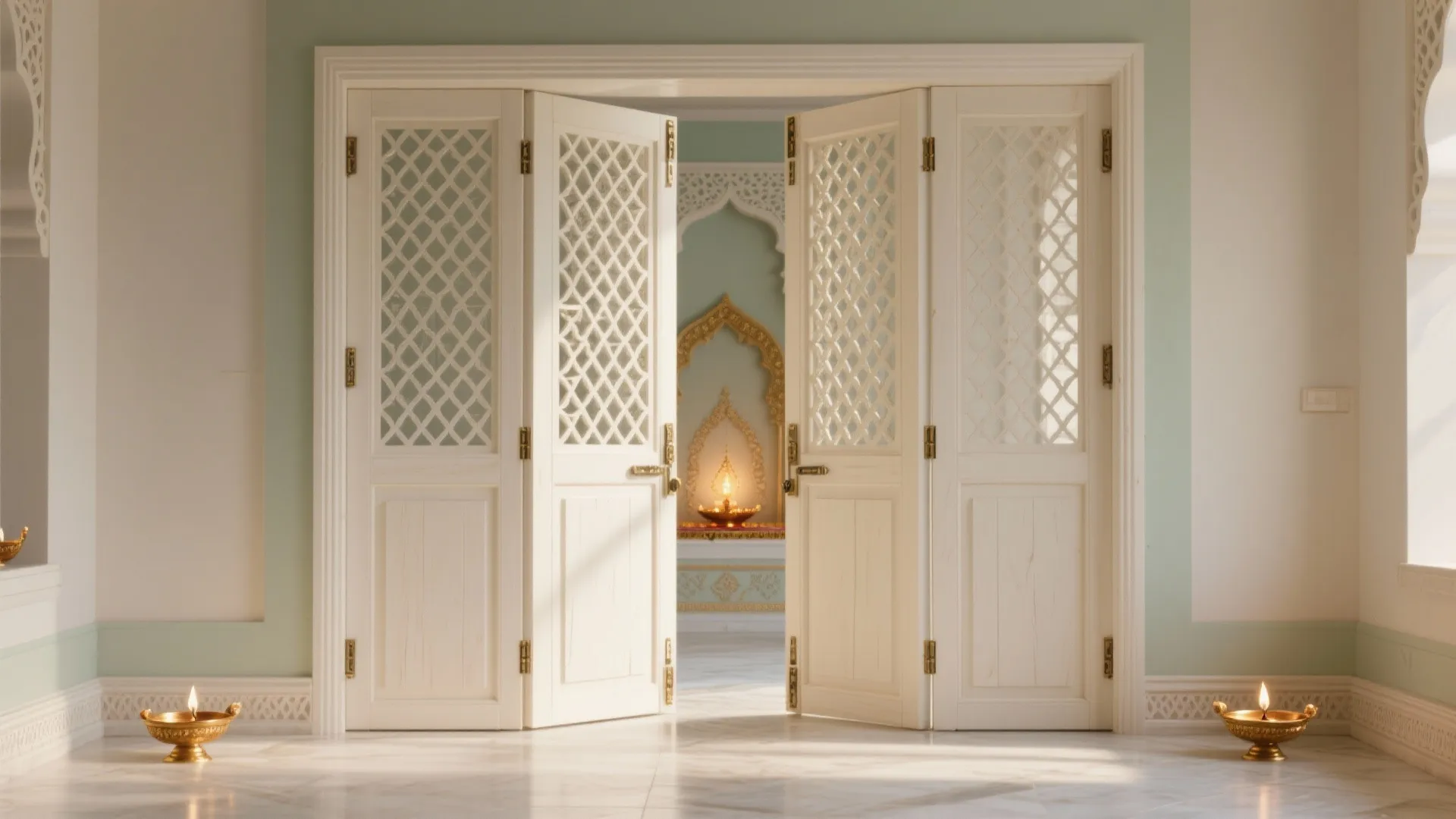 White folding doors with pattern design leading to a traditional prayer room with warm lights