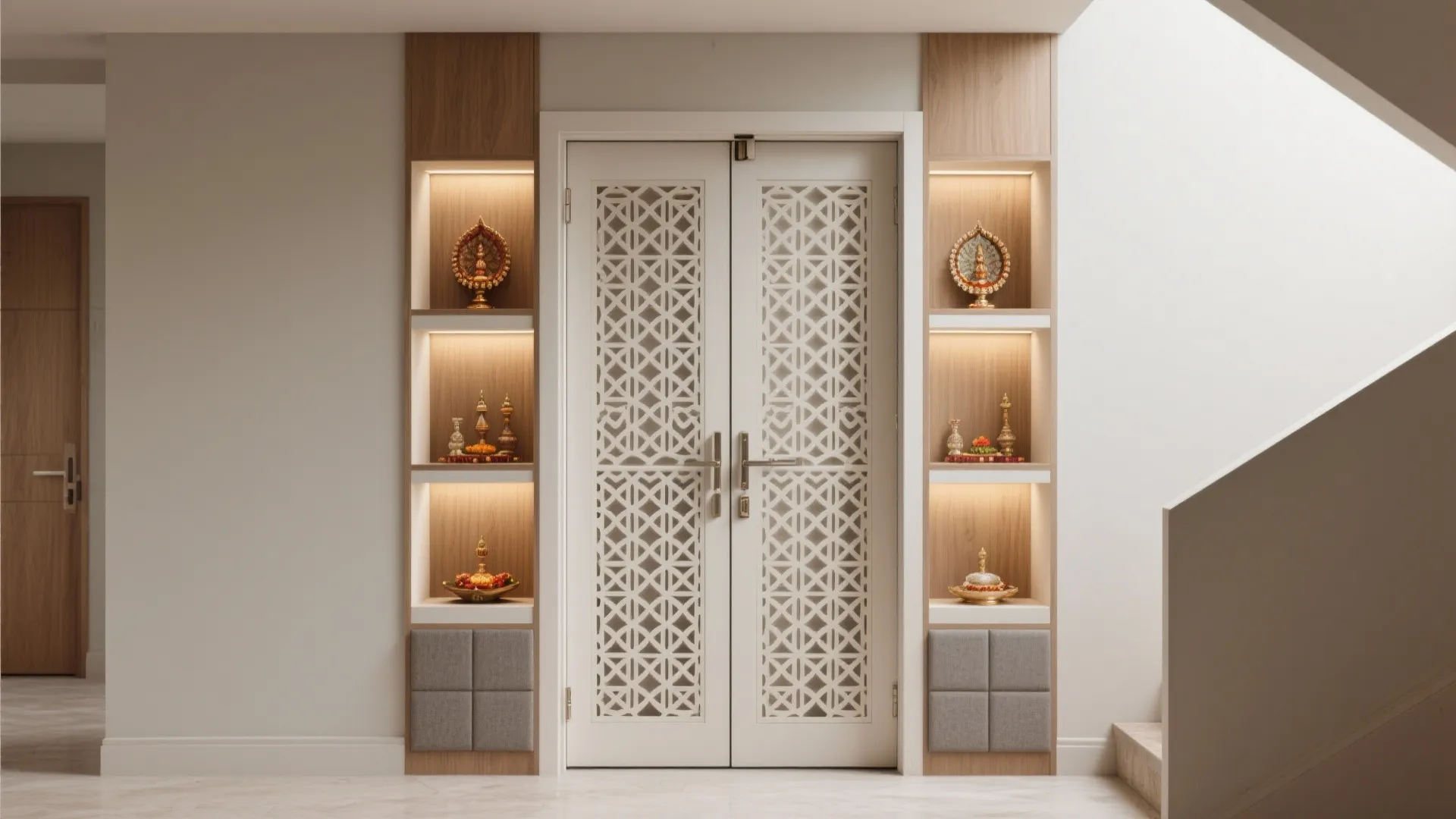 Bi-fold pooja door with minimalist jaali and hidden shallow storage niches, softly lit.