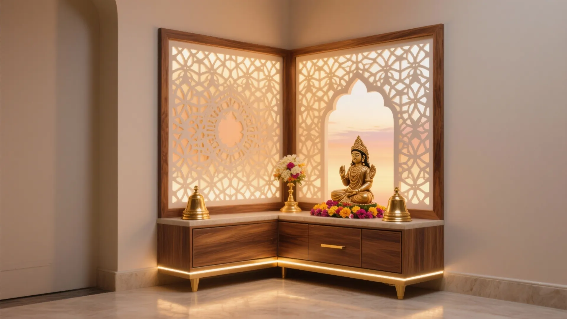 Backlit Jaali and Brass Accents for a Sacred Glow