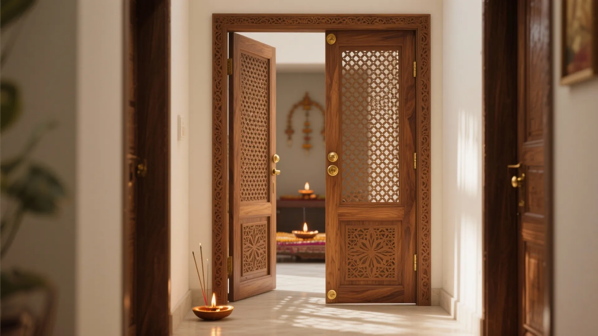 Carved wood doors with patterned openings and gold handles opening into a warm lit room