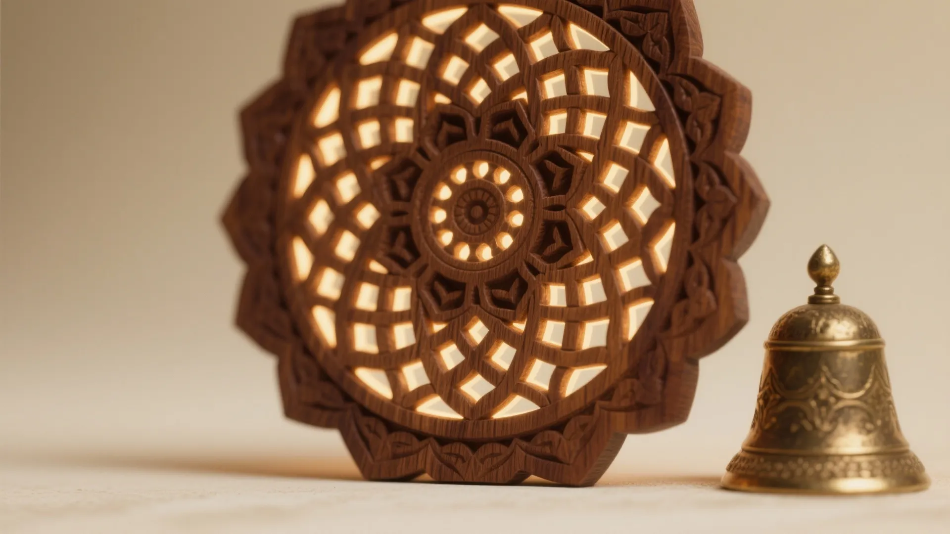 2) Carved wood jaali with brass accents