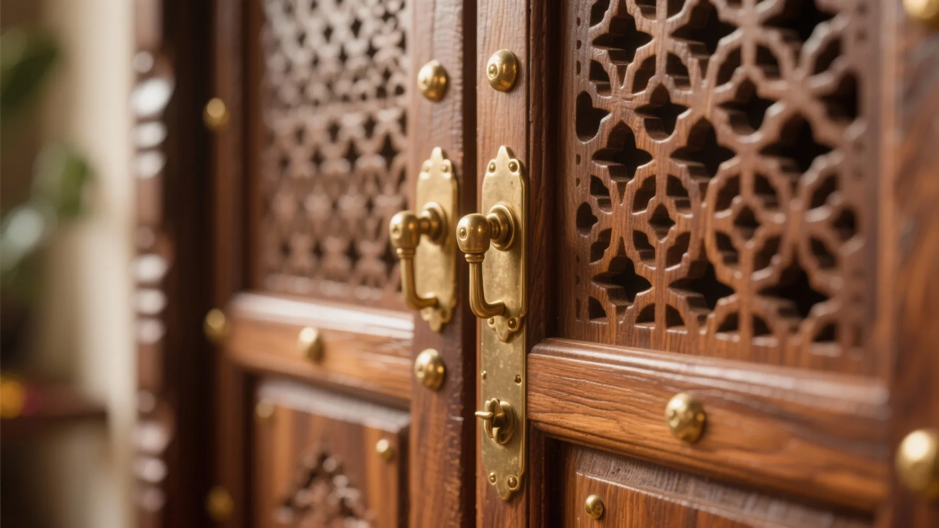 Close up of carved wood door with gold handles and an intricate patterned wood design