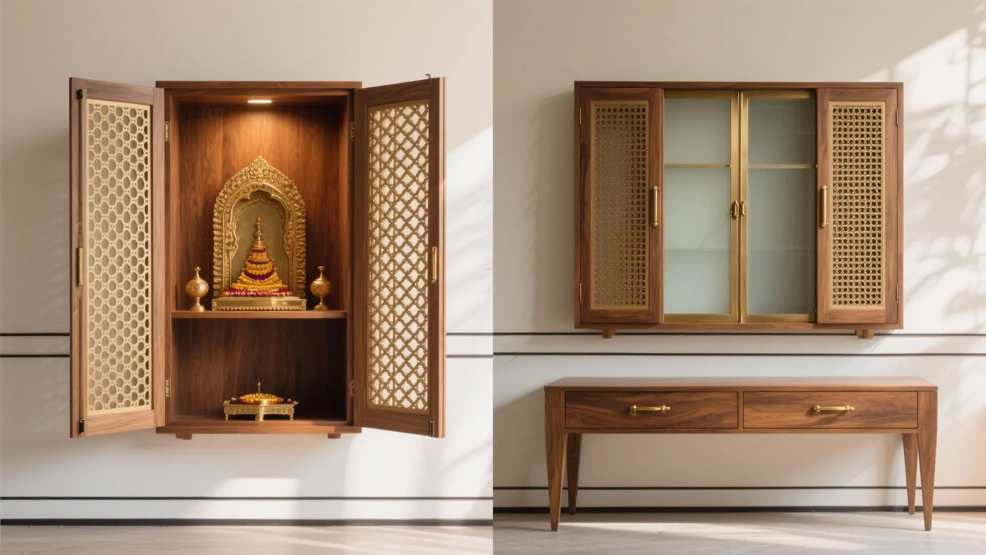 Foldable pooja cabinet shown open and closed with perforated jaali doors, brass pulls, warm wood interior, and discreet ventilation.