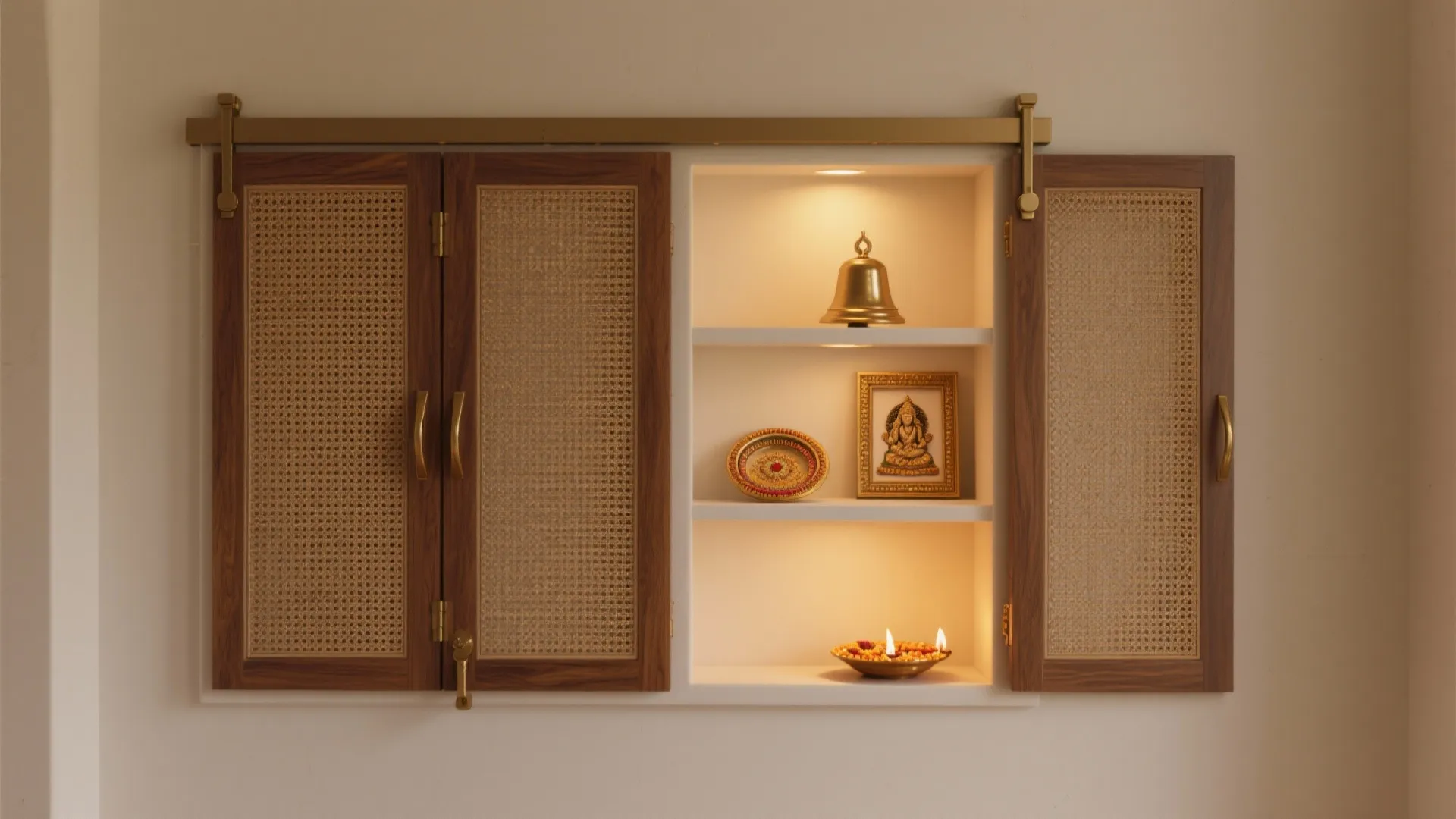 Wall mounted white cabinet with wood sliding doors showing small bell and gold statue inside