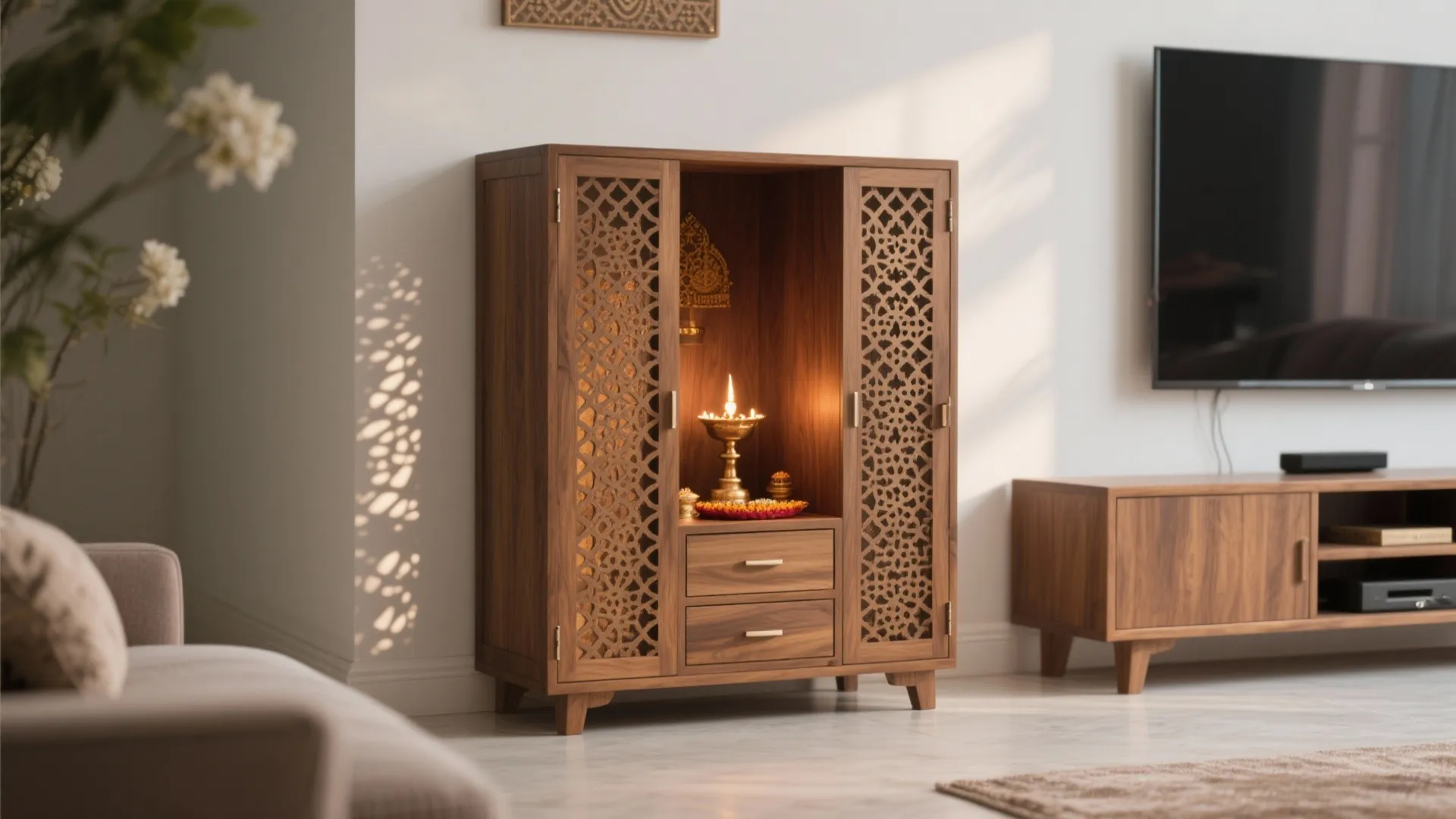 Compact pooja cabinet with jaali doors casting soft patterns beside a TV console.
