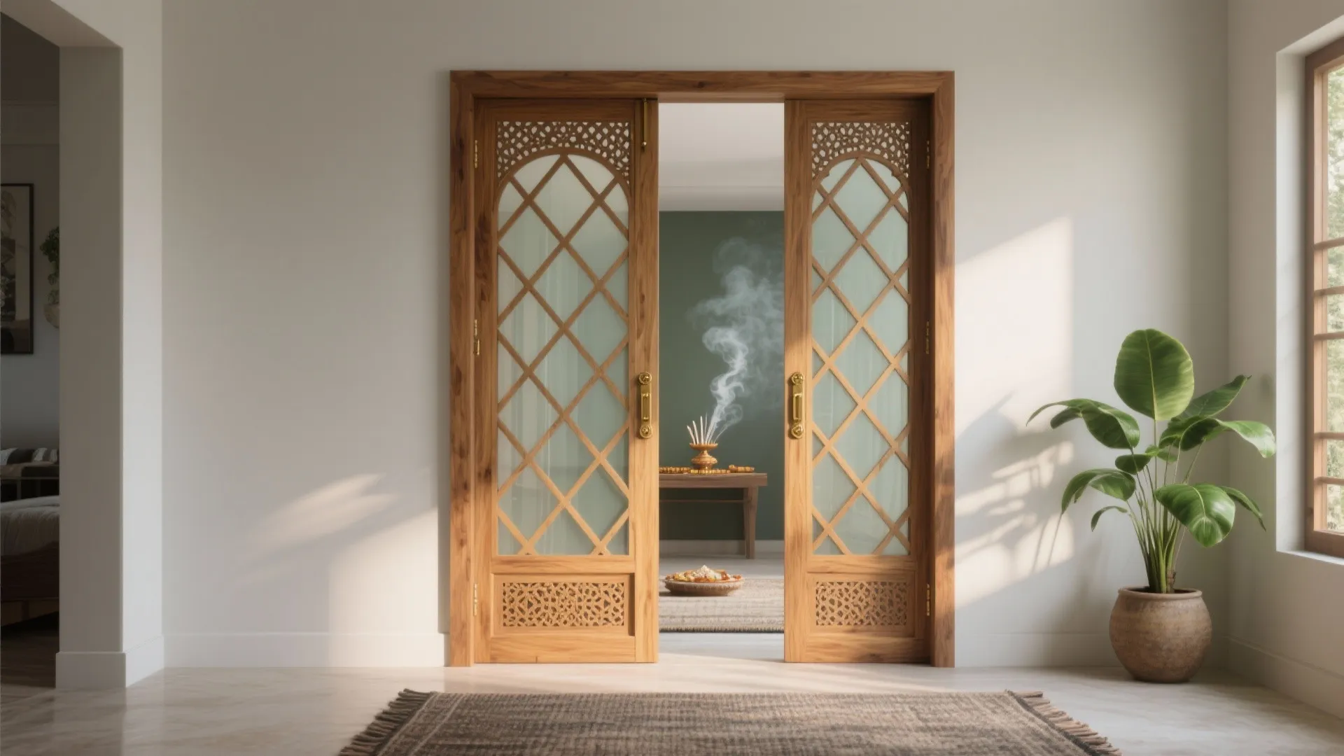 Wooden sliding doors with lattice design opening into room with incense smoke and green plant