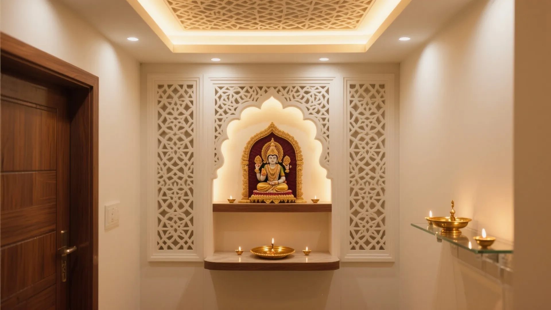 Traditional prayer room with white wall panel designs and religious statue on a wooden shelf