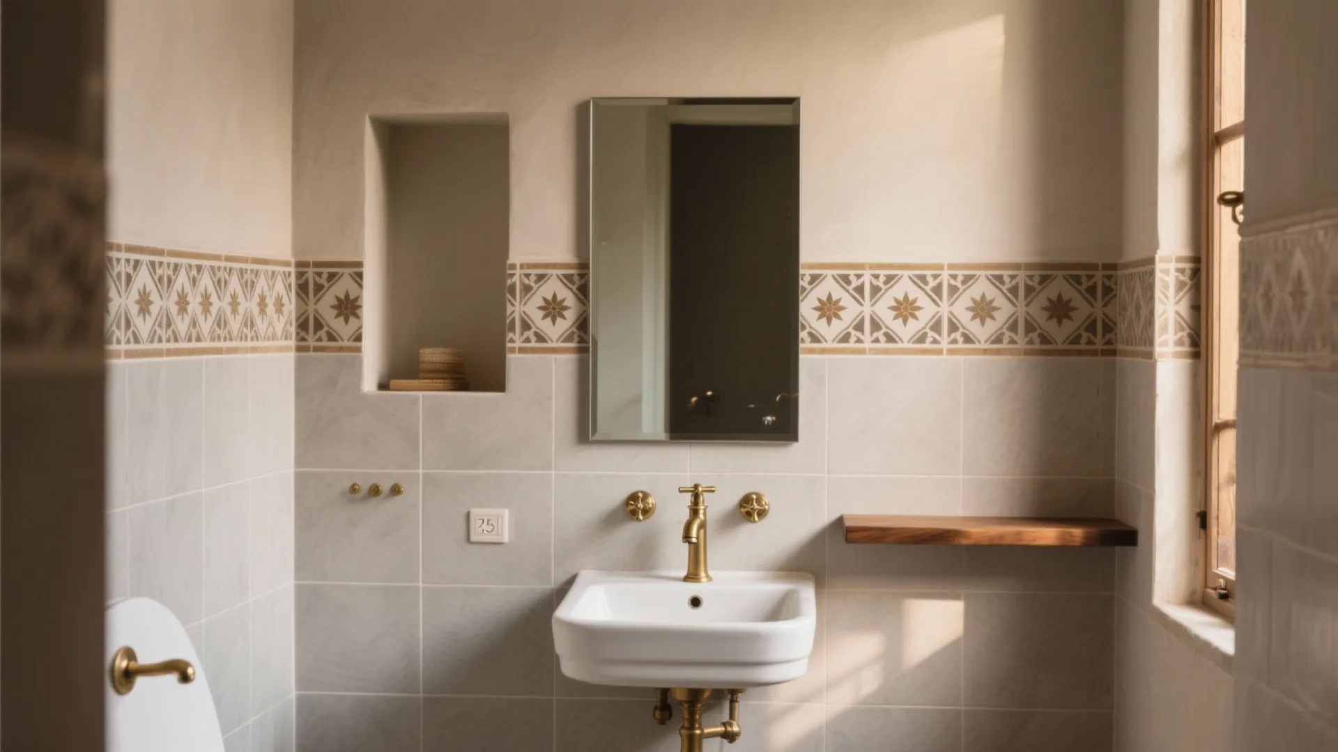 White bathroom sink with gold faucet mirror wooden shelf and decorative pattern wall tiles design layout
