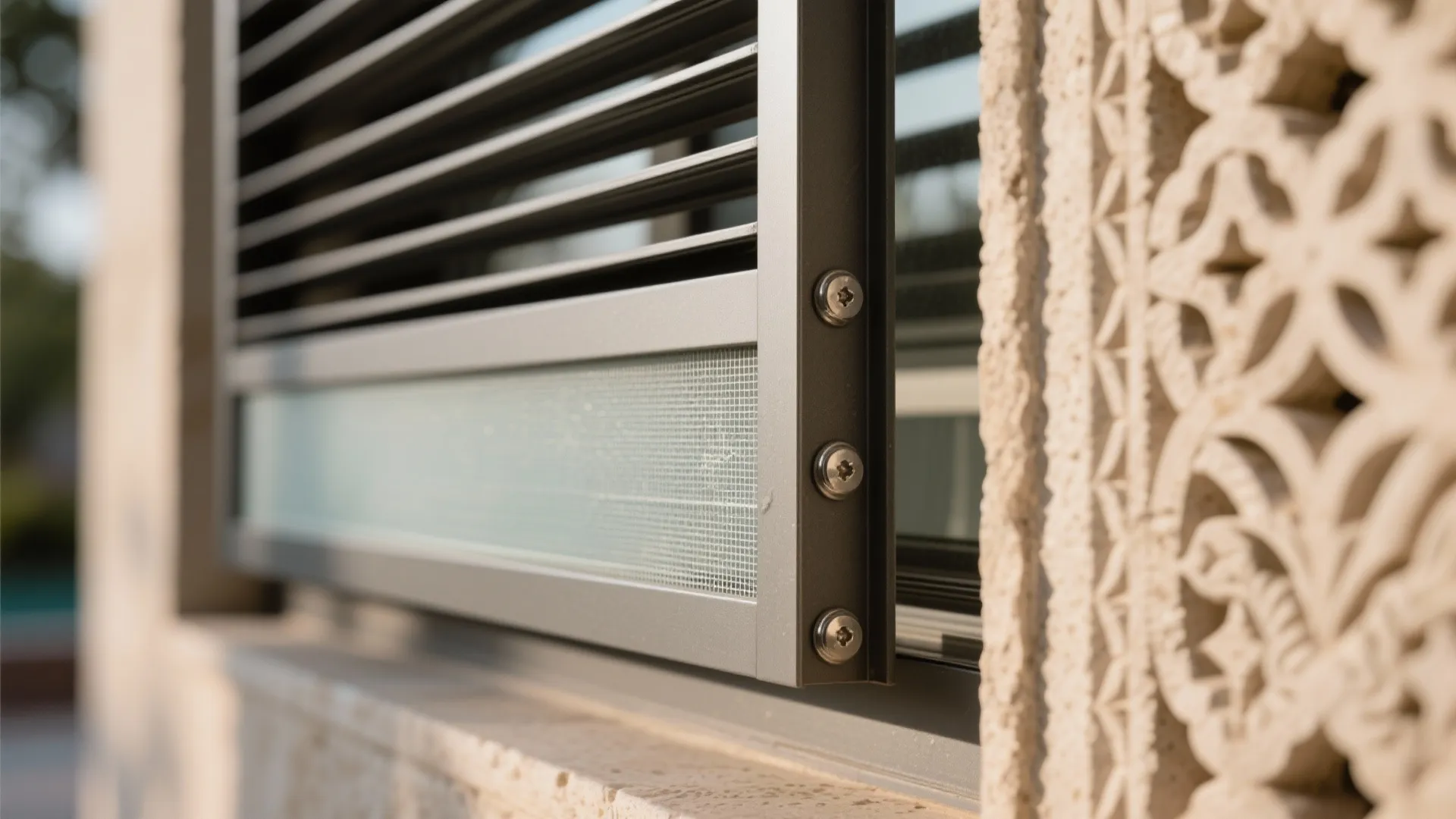 Close up of metal window frame with screws and detailed stone wall panel in sunlight