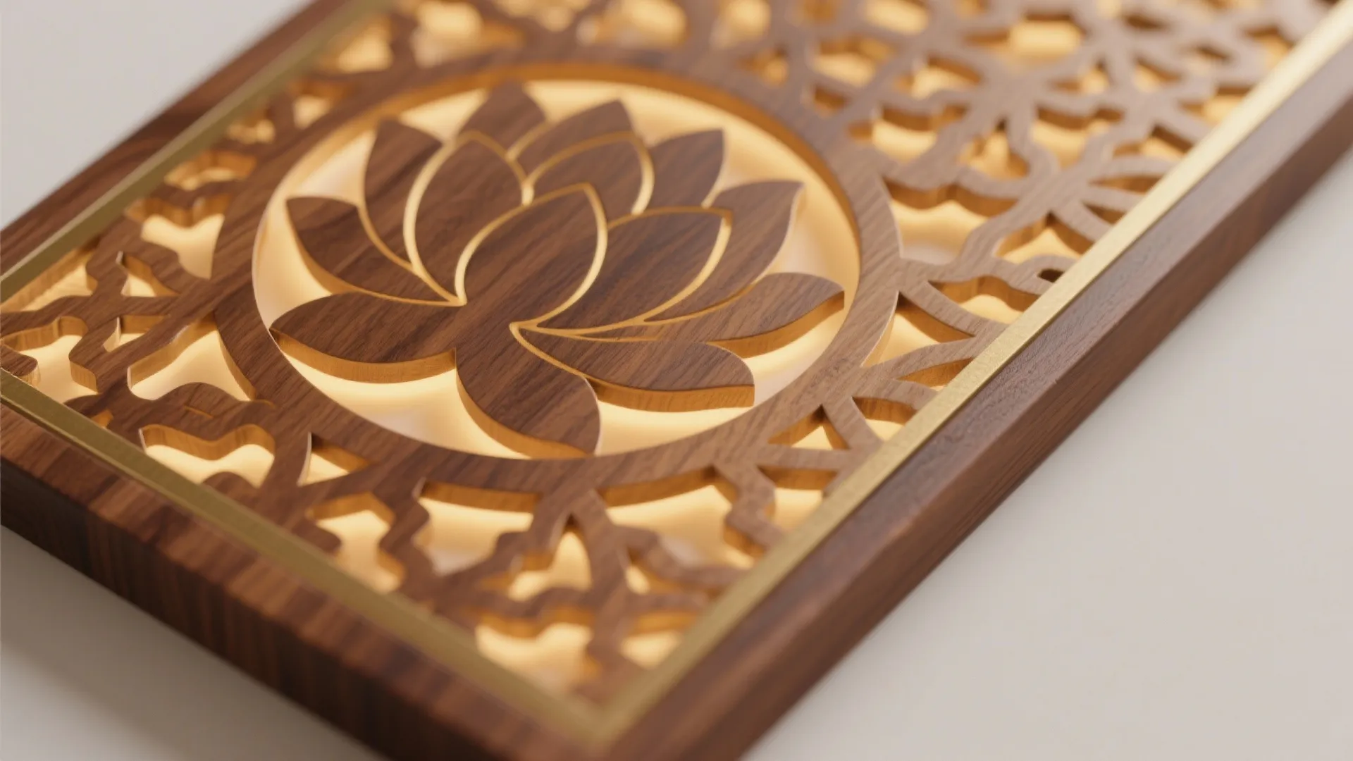 Close up of a carved wood wall panel featuring a lotus flower design with backlight