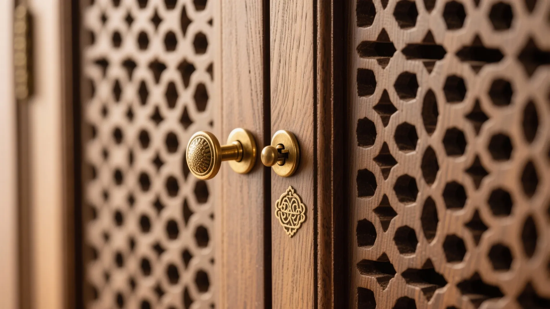 Close-up of perforated jaali door with refined hinge and brass knob.