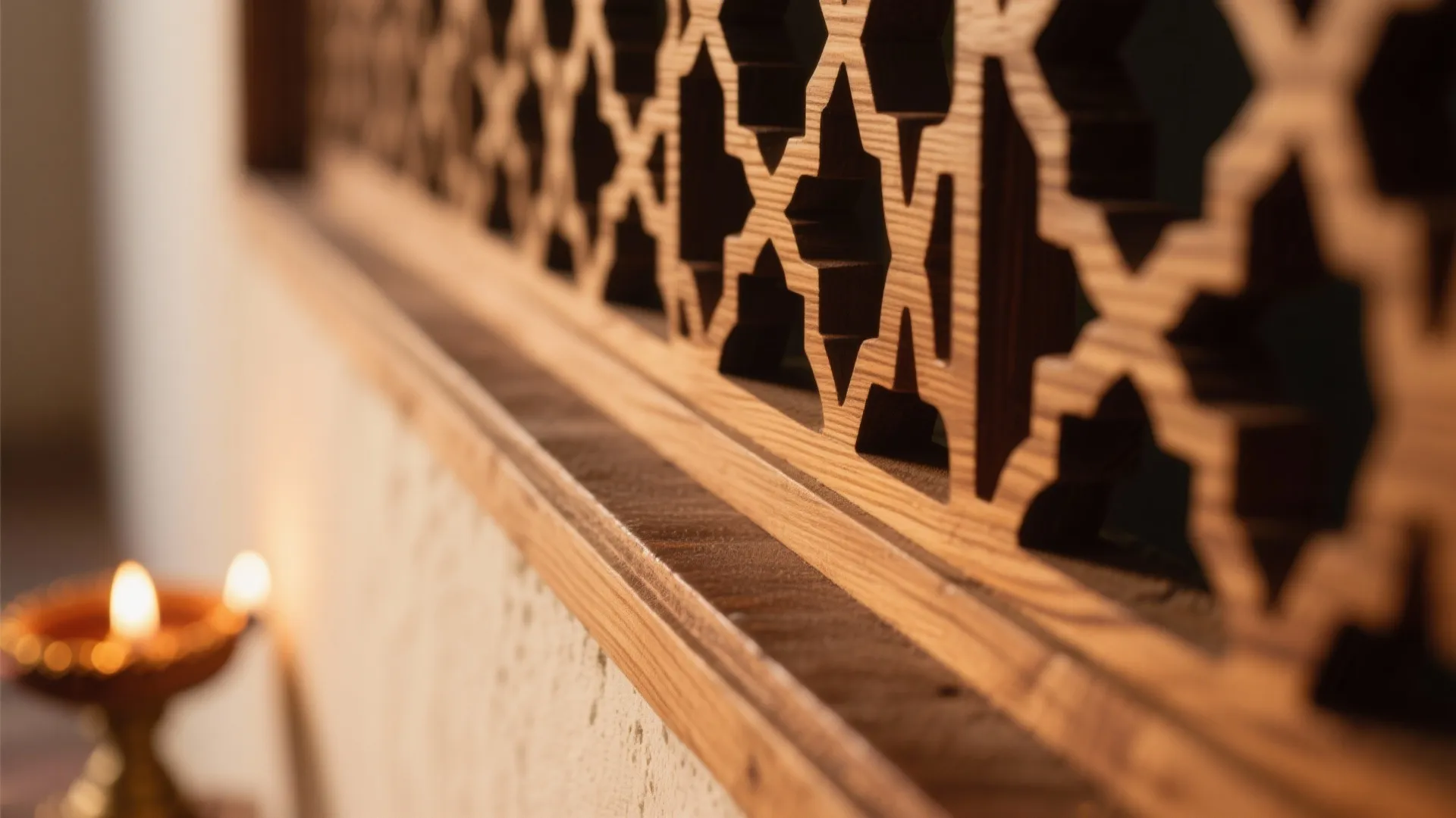 Macro of a wooden jaali’s laser-cut edge with warm grain and soft patterned shadows.