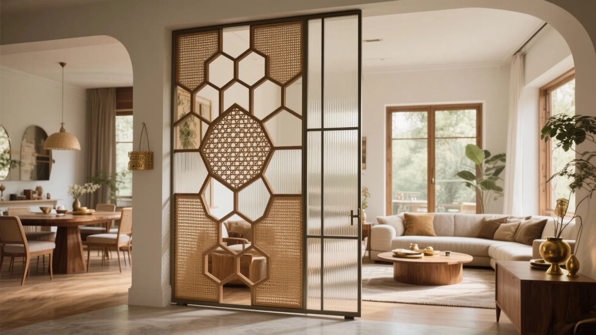 Modern wooden room divider with honeycomb pattern separating living area and dining room in house
