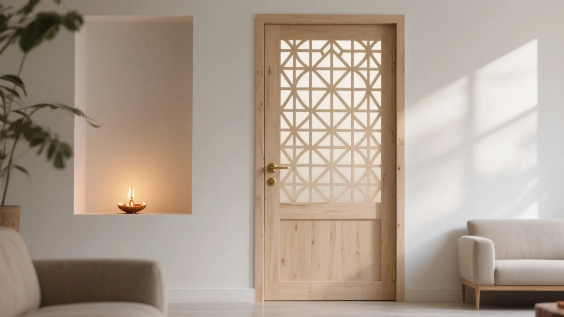Light wood door with geometric pattern insert in a modern living room with cream sofa furniture