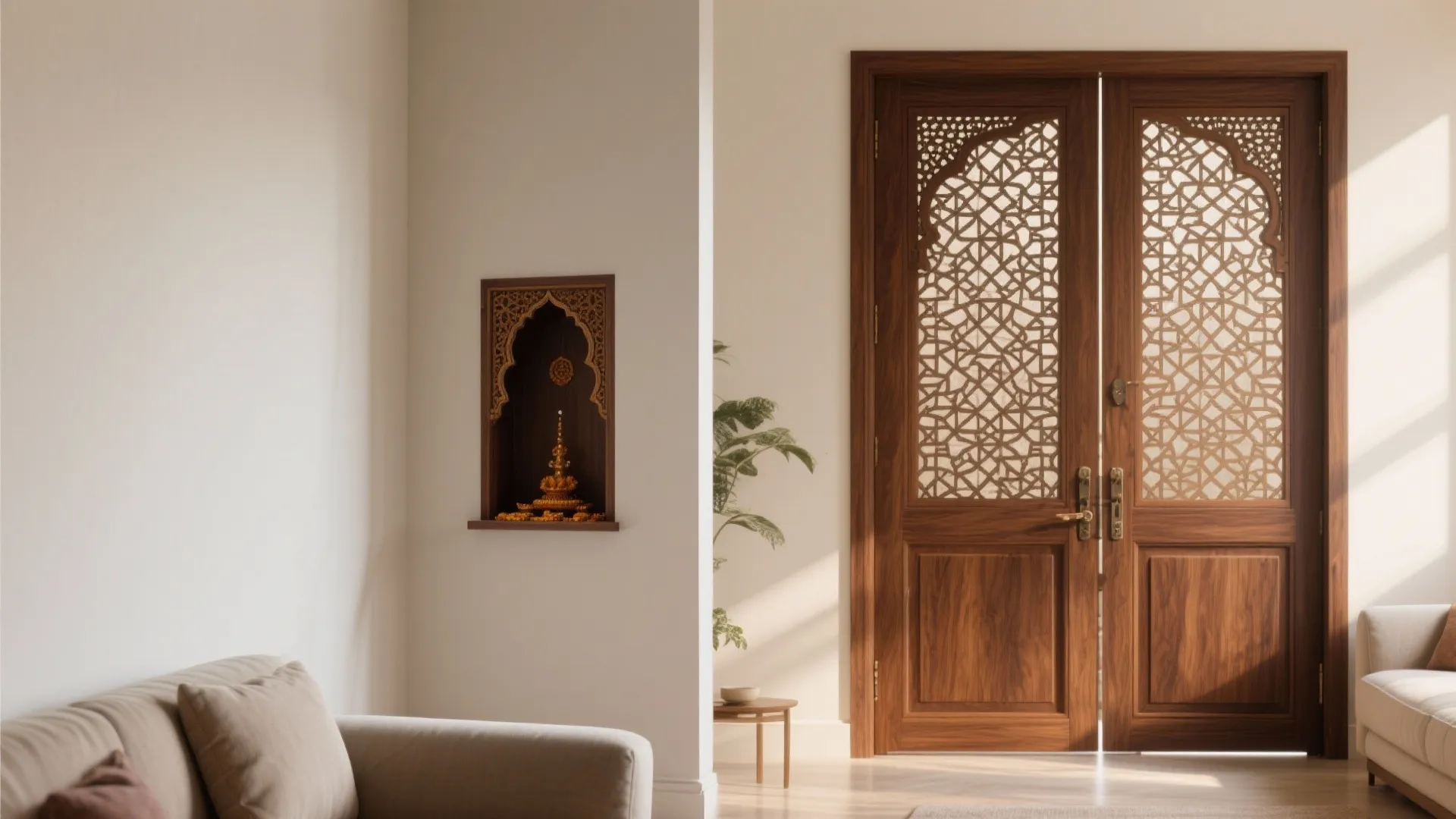 Before-and-after showing a plain wall transformed into a traditional pooja front with geometric jaali vents.