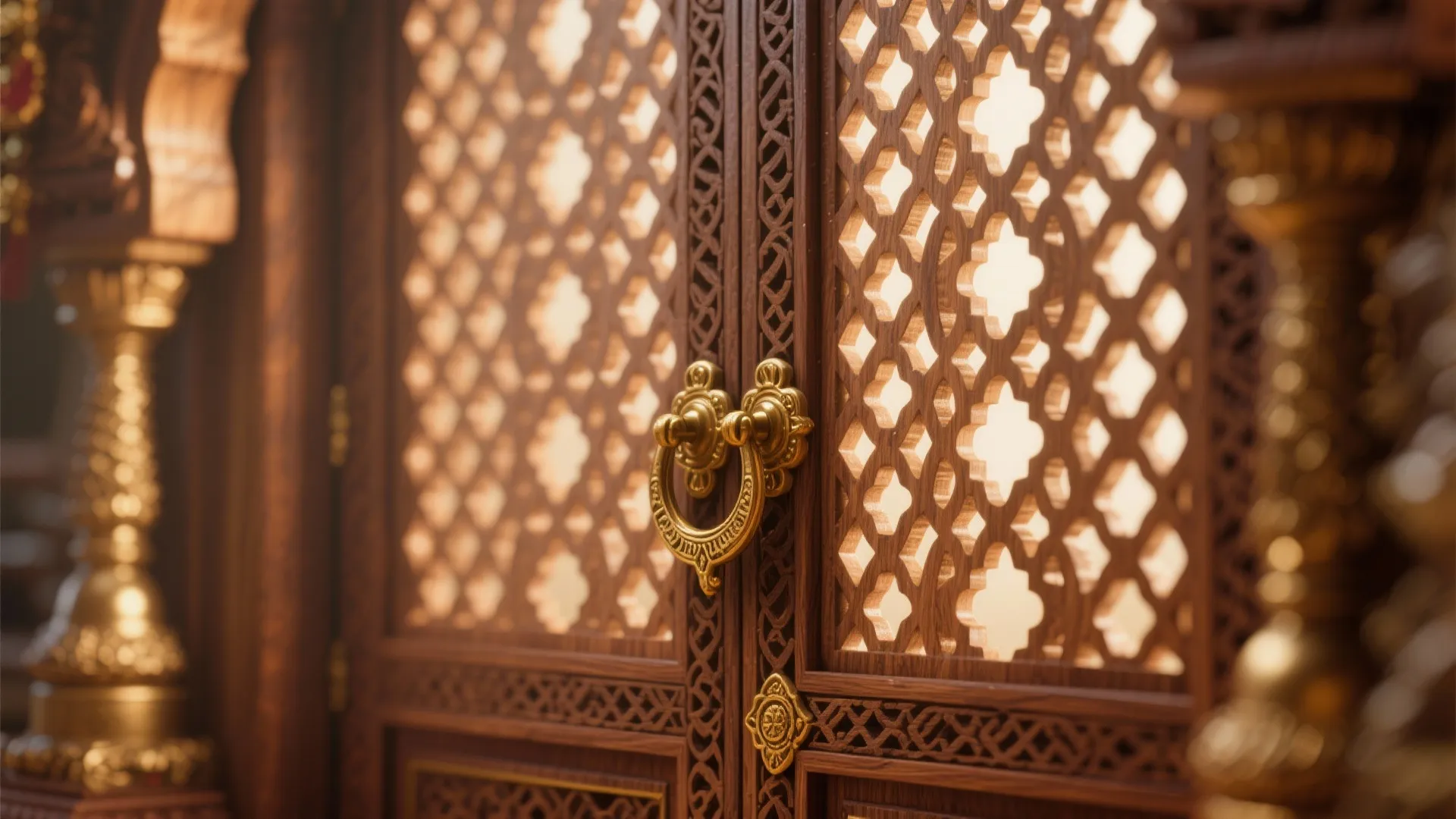 Freestanding Armoire-Style Mandir with Carved Doors