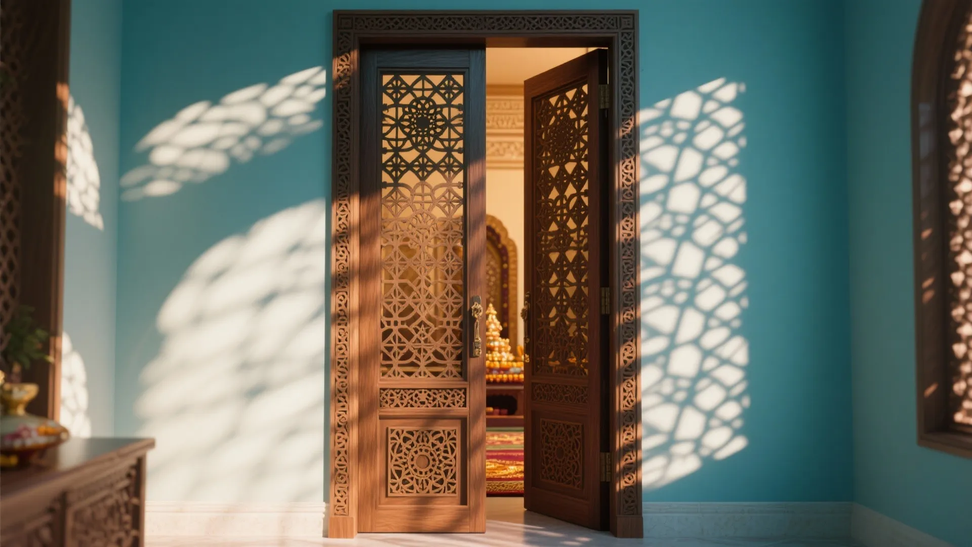 Open carved wooden doors with beautiful patterns casting shadows on a blue wall in sunlight