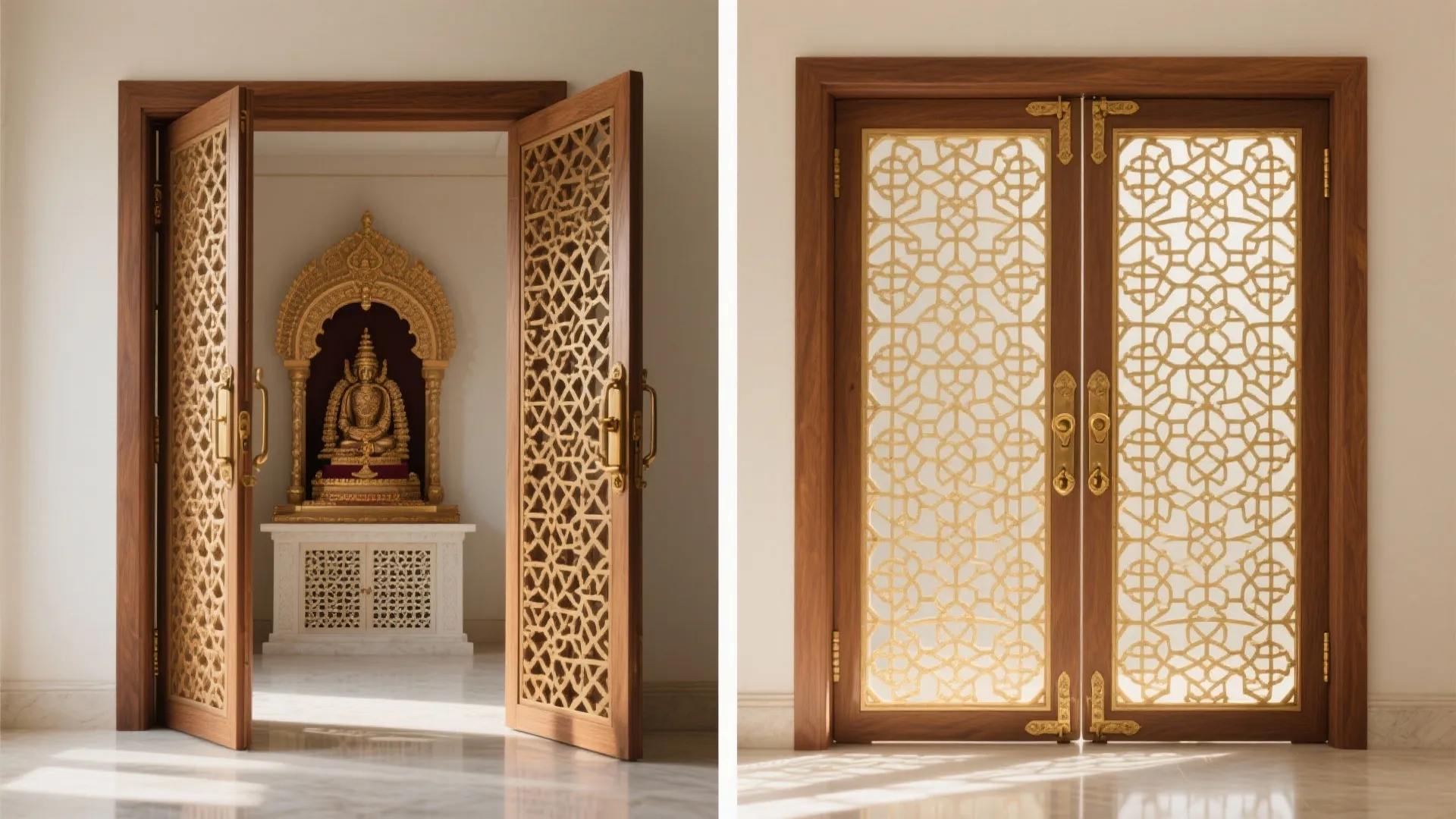 Carved wooden doors with gold geometric patterns showing a white room with a small statue