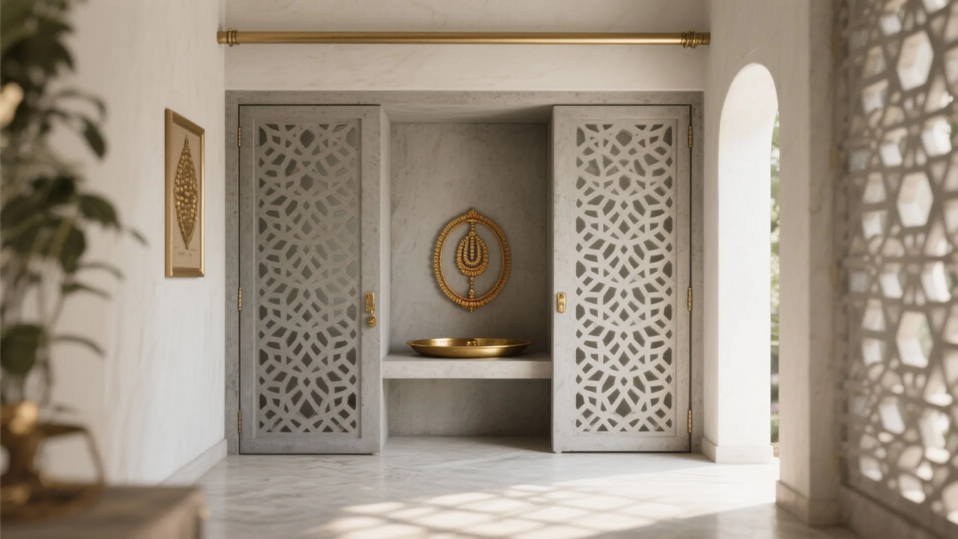 White marble hallway featuring decorative patterned doors with a gold bowl on a stone shelf