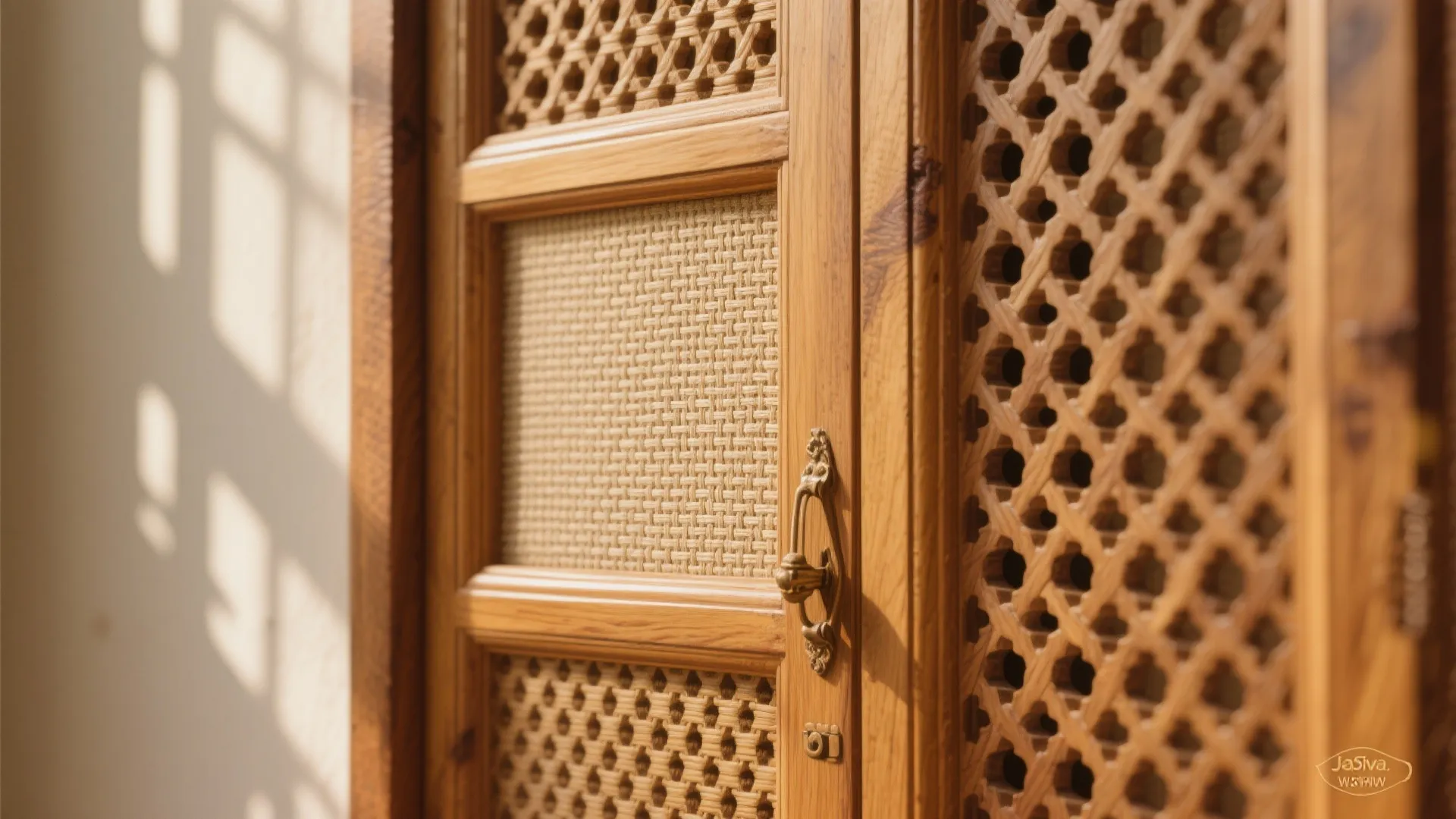 Macro of wooden jaali pooja door with removable cane or linen backing.