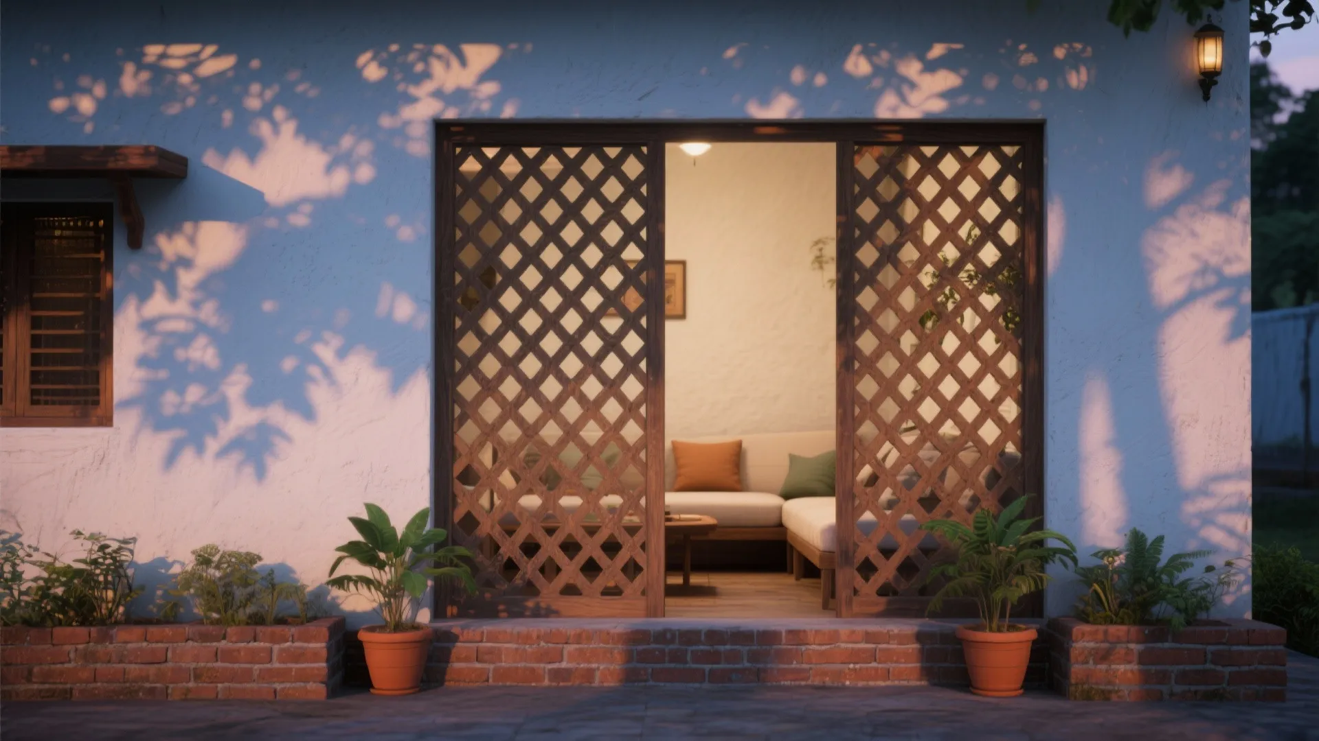 Wooden lattice sliding doors opening to a living room with sofa, pillows, and potted plants