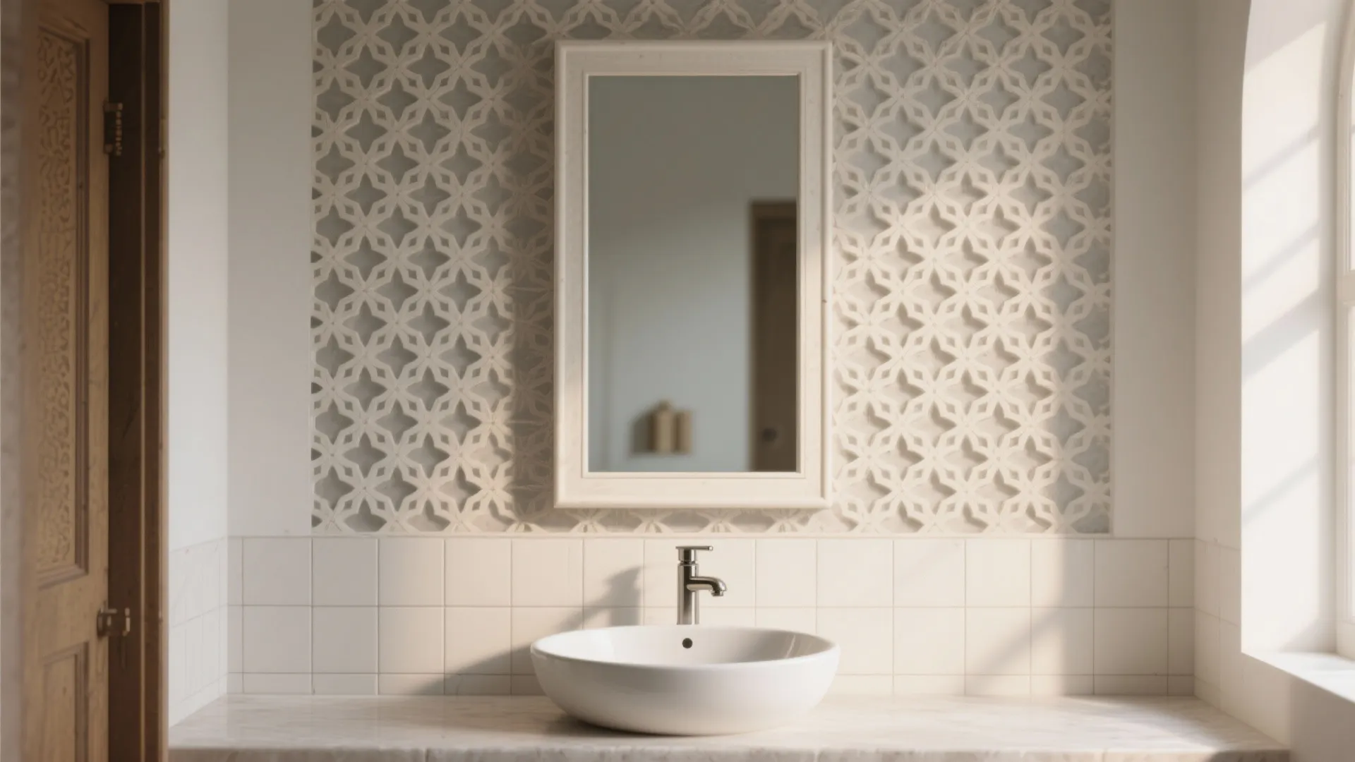 Modern bathroom sink area with white round bowl rectangular mirror and patterned wall panel design