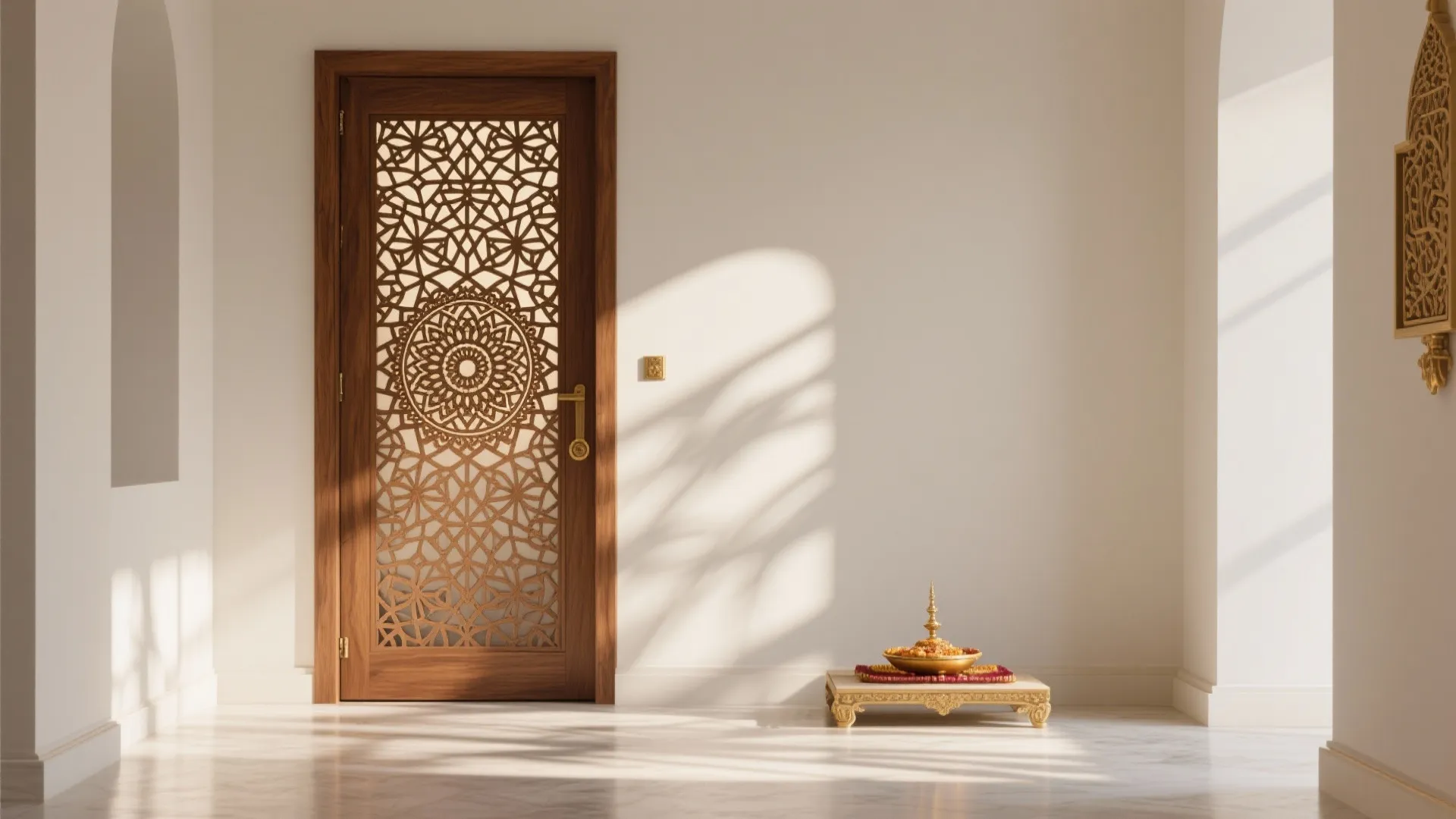 Warm wood geometric mandala jaali pooja door casting soft patterned shadows.