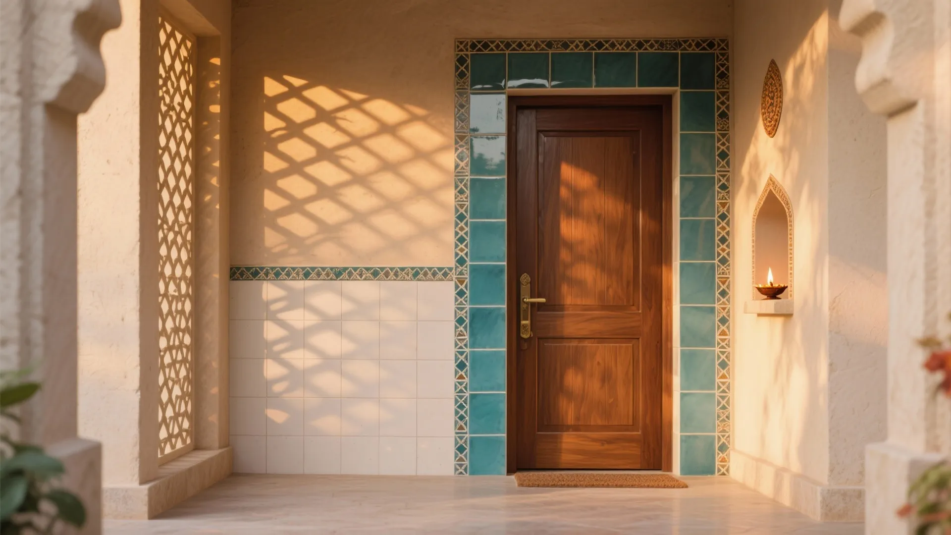 Wooden front door with blue tiles and patterned wall shadows on a bright sunny porch