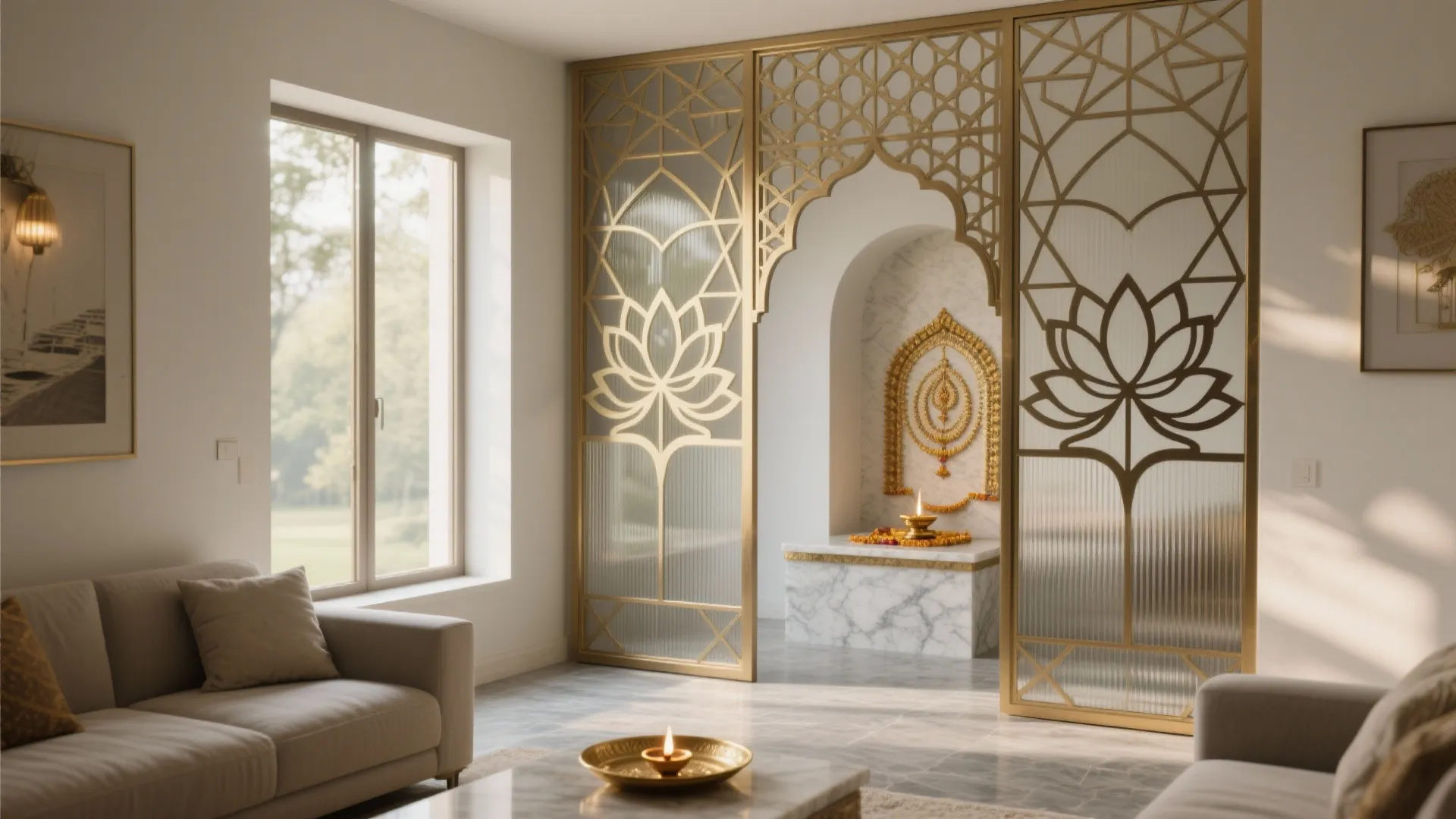 Jaali partition with brass tone and reeded glass defining a bright pooja corner while keeping the altar as hero.