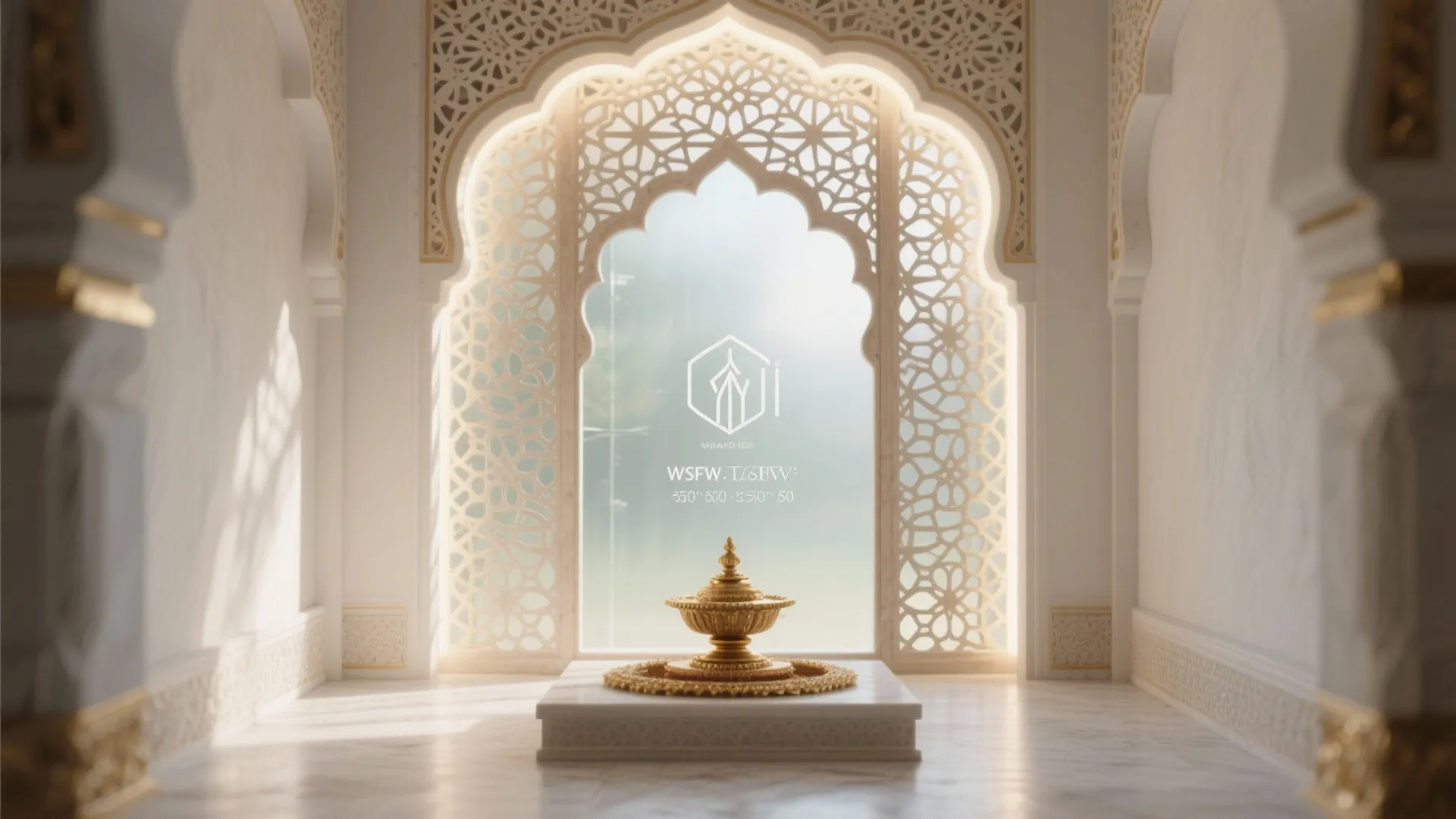 White interior room with arched wall design featuring gold gold bowl on a marble base