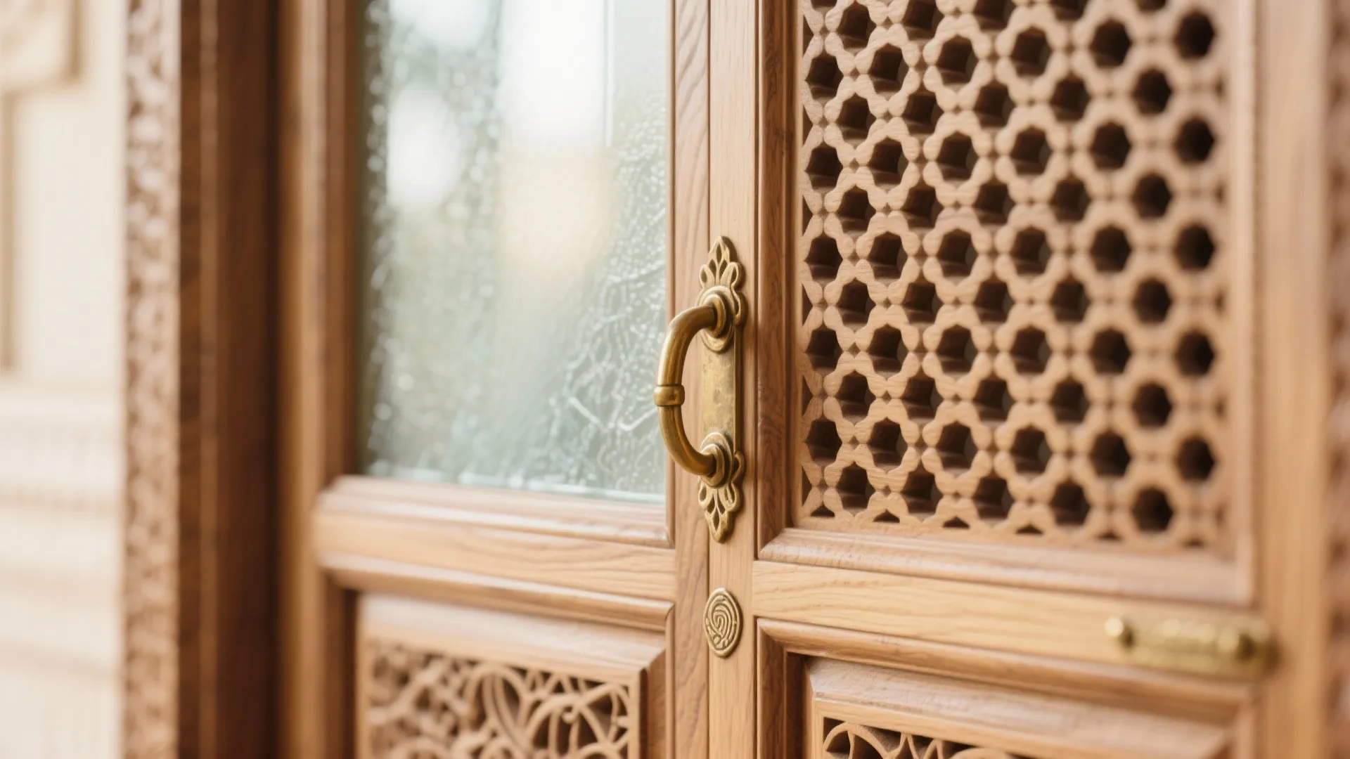 Close up of wooden door with detailed pattern glass panel and antique gold metal handle grip