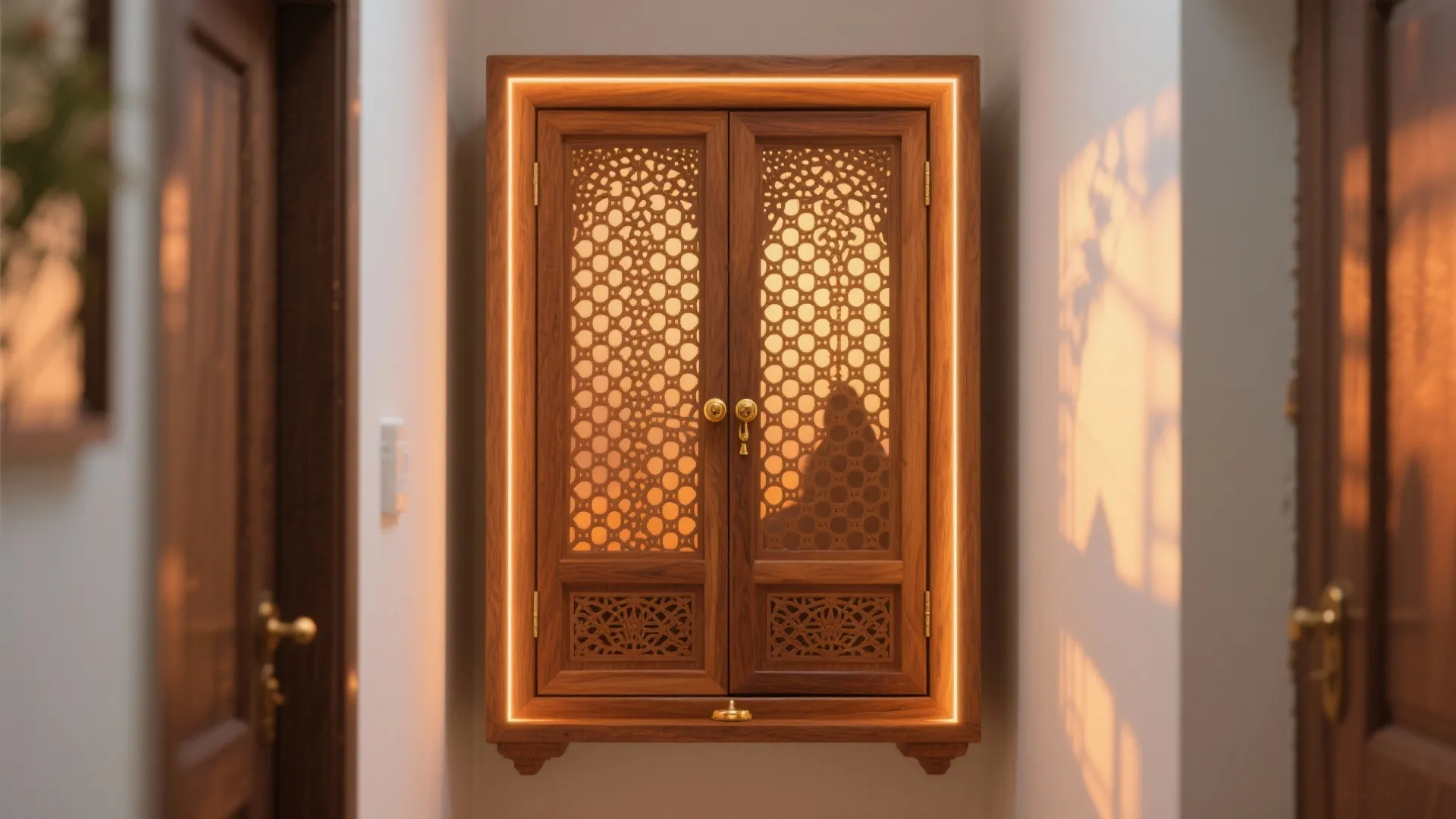 Jaali serenity: carved lattice doors with gentle backlighting