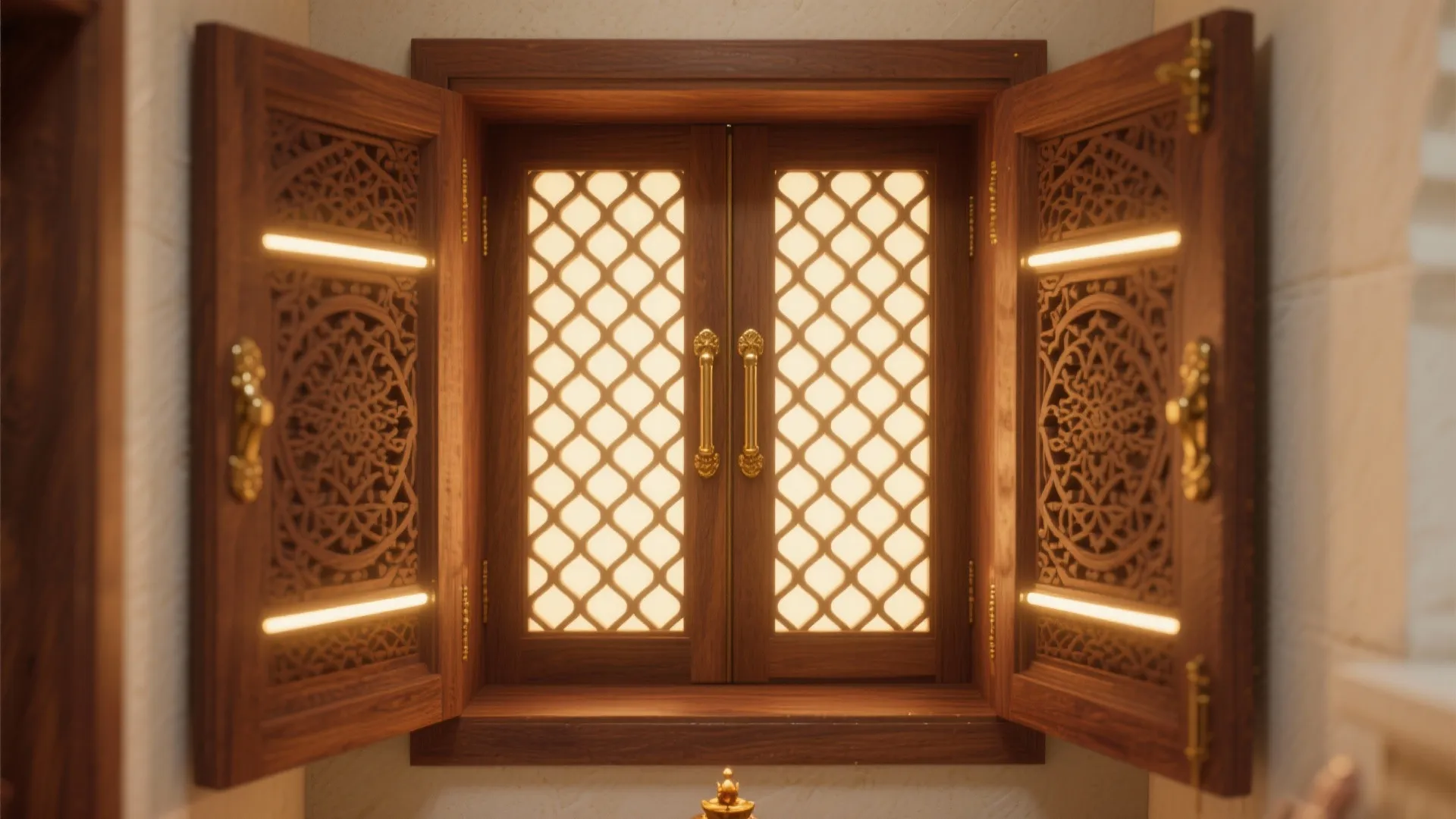 Ornate carved wooden window shutters open to reveal a glowing pattern in a warm lit room