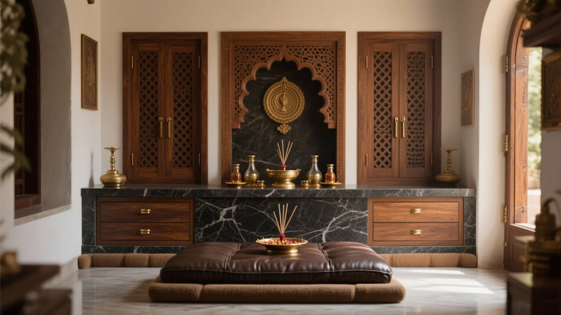 Meditation room with brown leather floor cushion and black marble cabinet with wooden wall panel