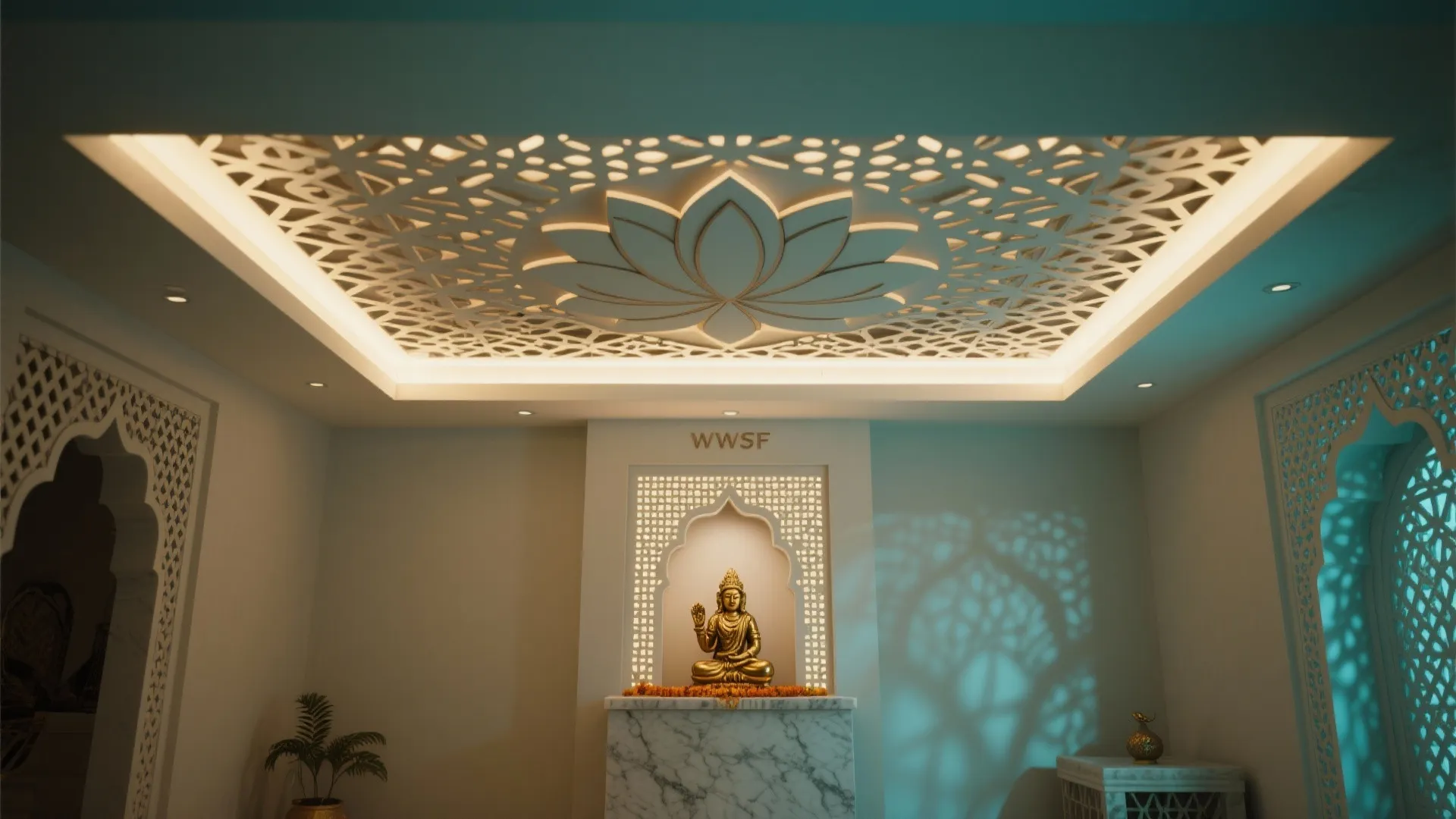 Interior design with decorative lotus ceiling light pattern marble altar golden statue and white patterned walls